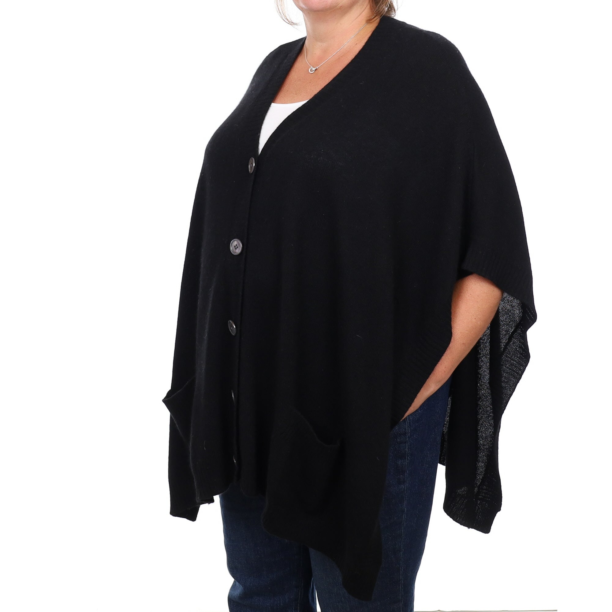Black Cashmere V Neck Poncho Style Cardigan with Pockets Extra Large