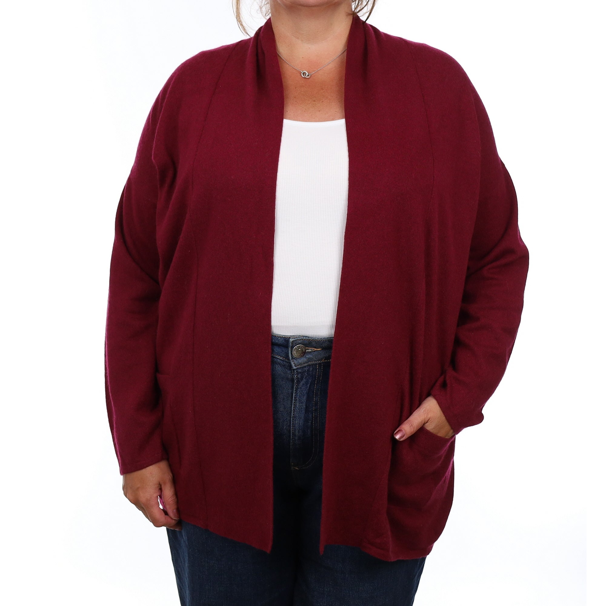 Wine Red Cashmere Edge to Edge Cardigan with Pockets Extra Large