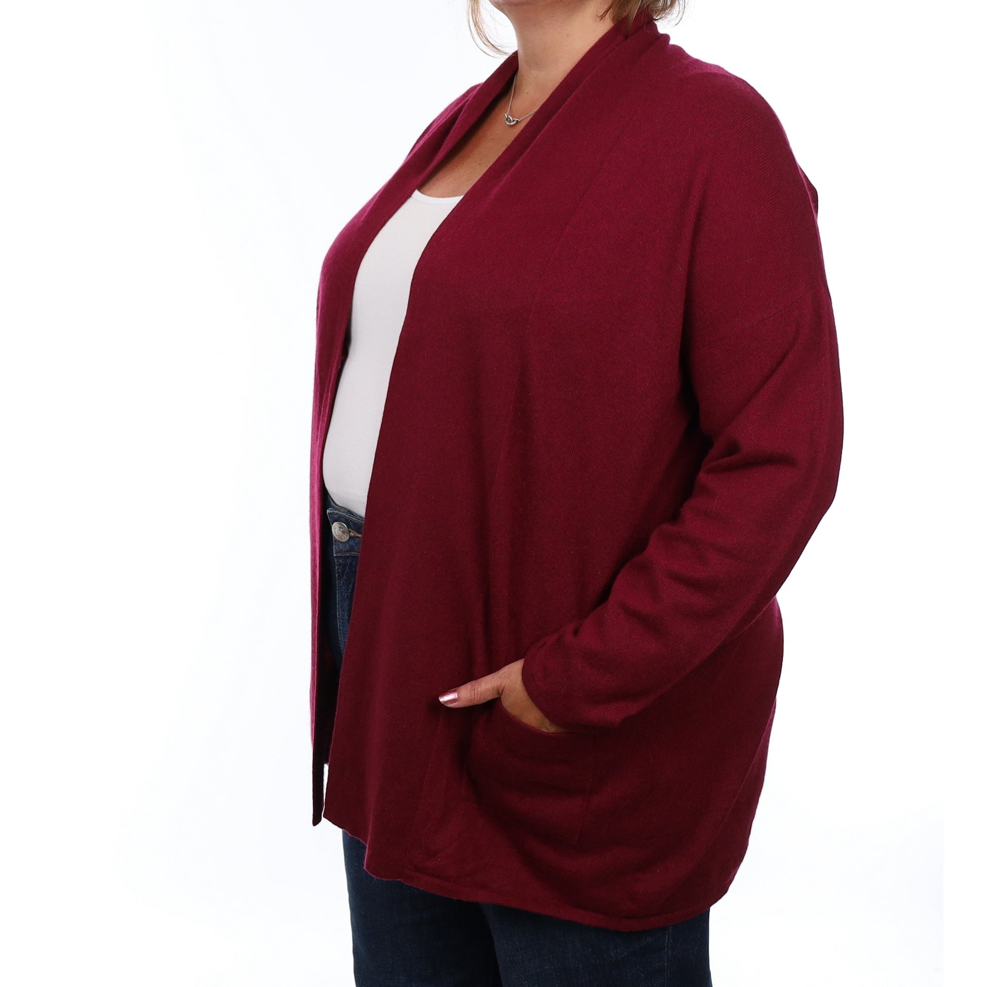 Wine Red Cashmere Edge to Edge Cardigan with Pockets Extra Large