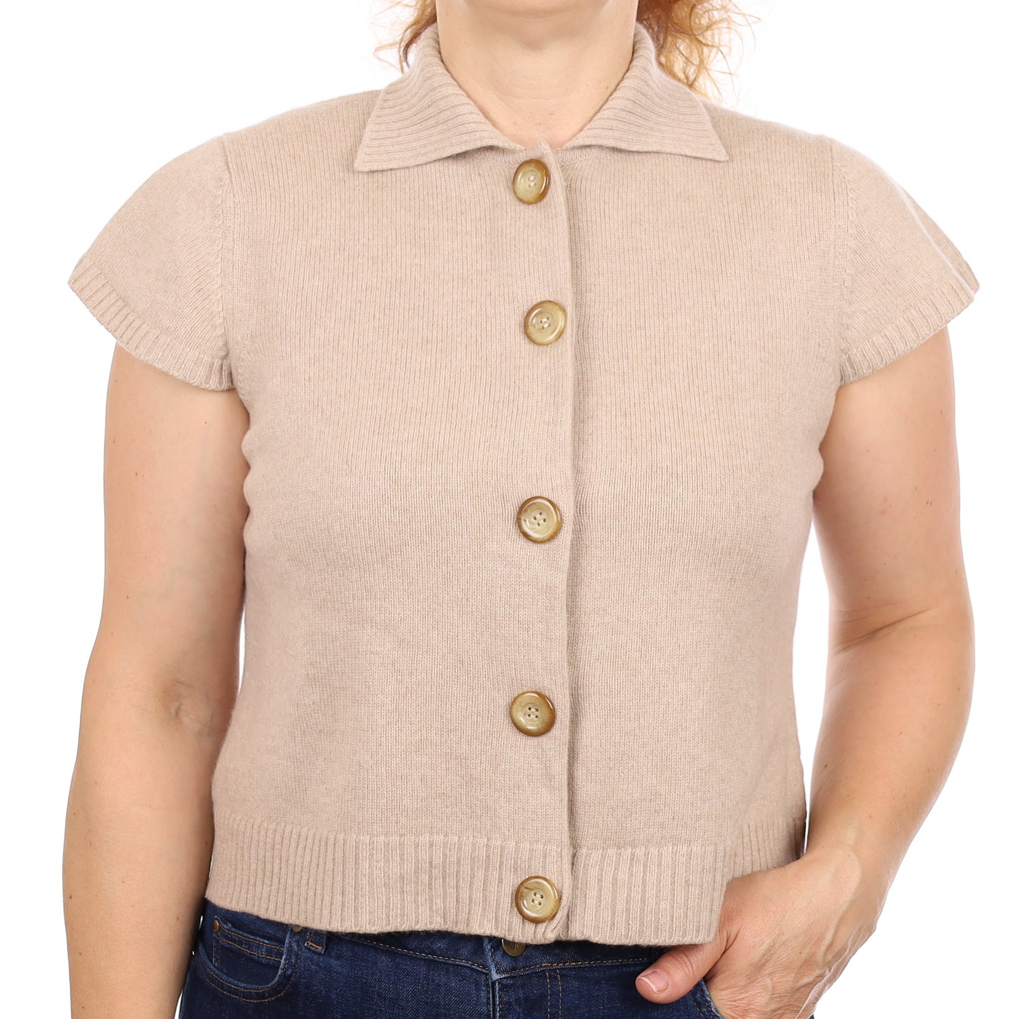 Fawn Heavy Knit Cashmere Boxy Sleeveless Cardigan Medium
