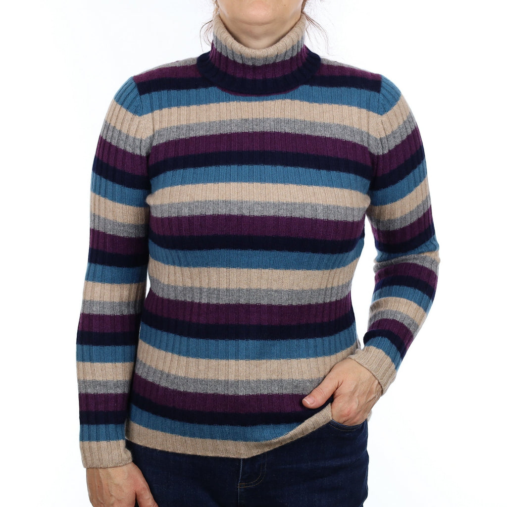 Purple and Blue Striped Cashmere Polo Neck Jumper Medium