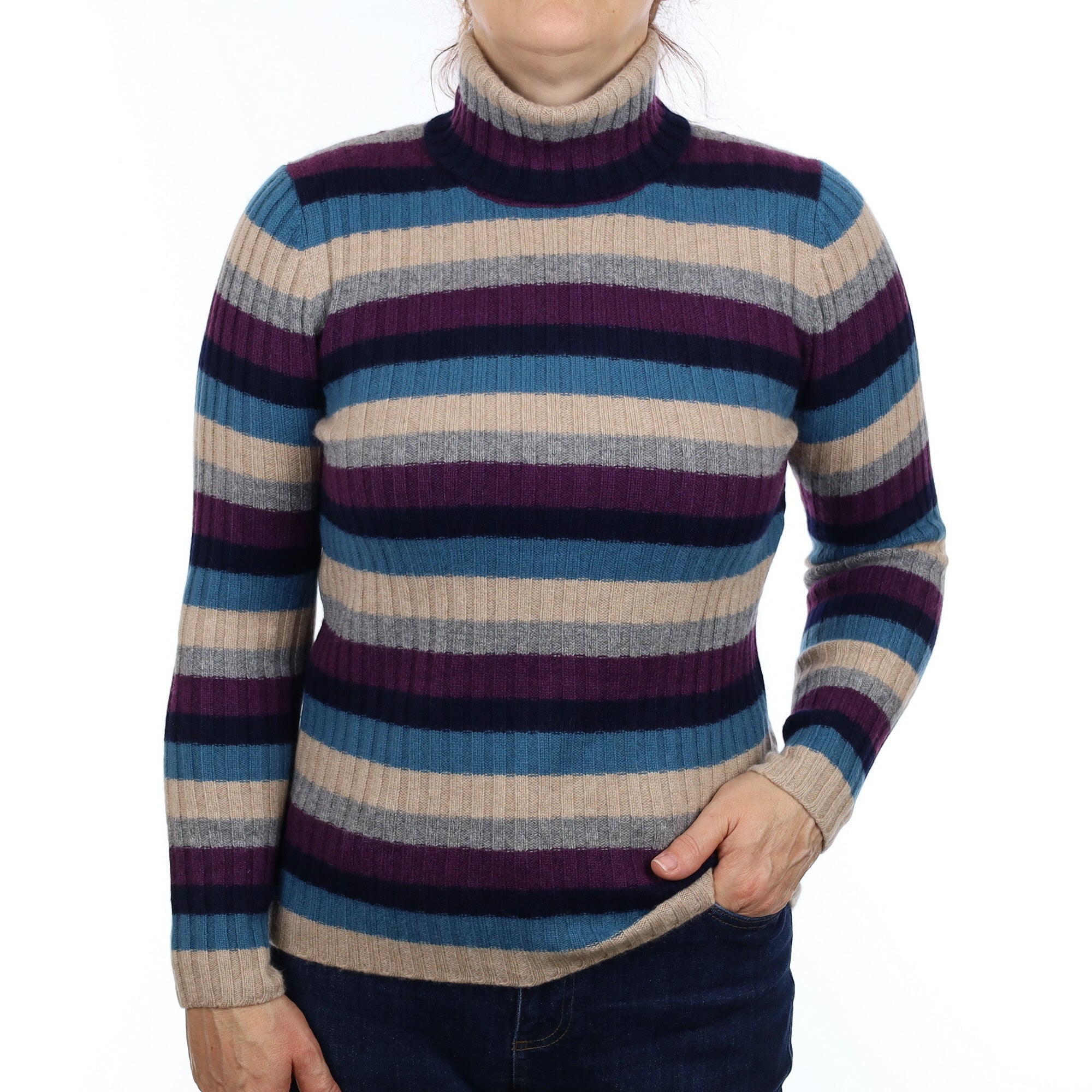 Purple and Blue Striped Cashmere Polo Neck Jumper Medium