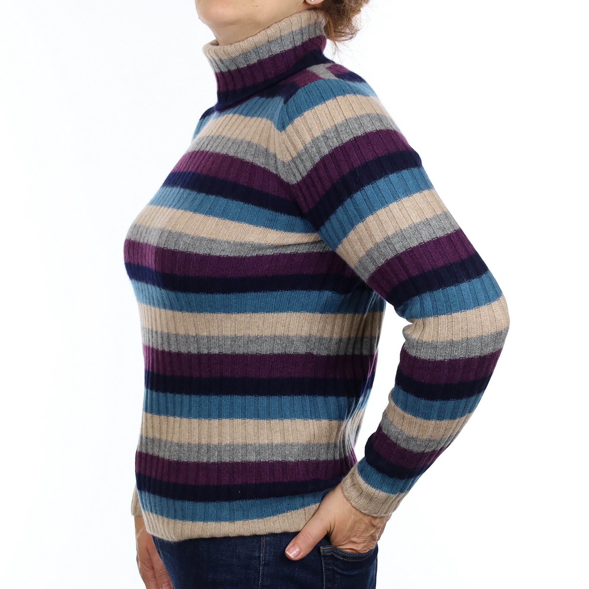 Purple and Blue Striped Cashmere Polo Neck Jumper Medium