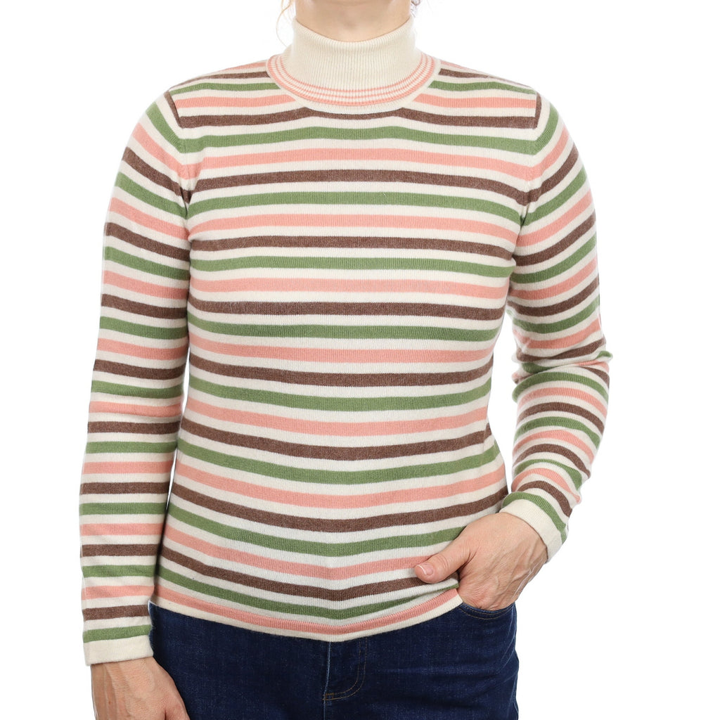 Pink and Green Striped Cashmere Polo Neck Jumper Medium
