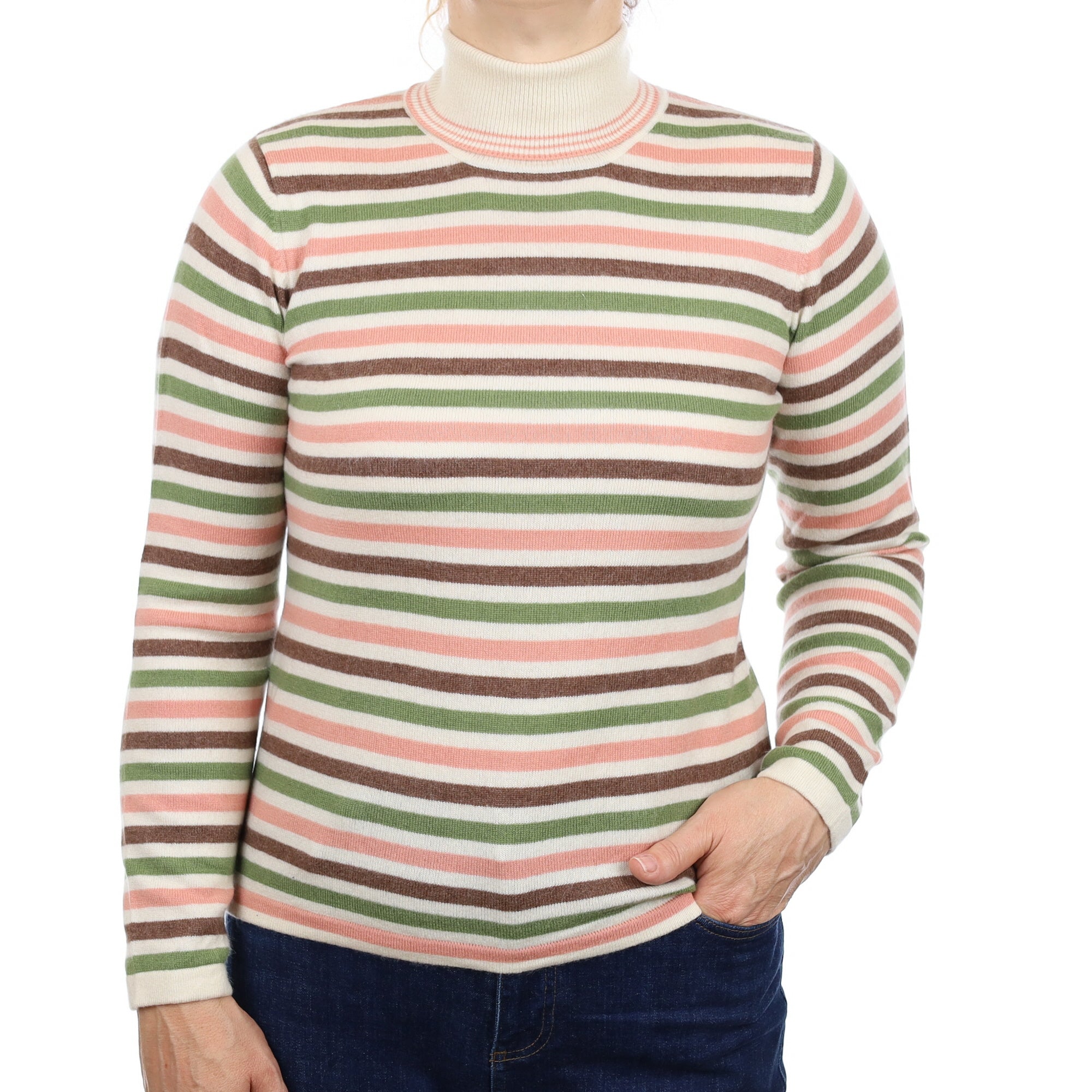 Pink and Green Striped Cashmere Polo Neck Jumper Medium