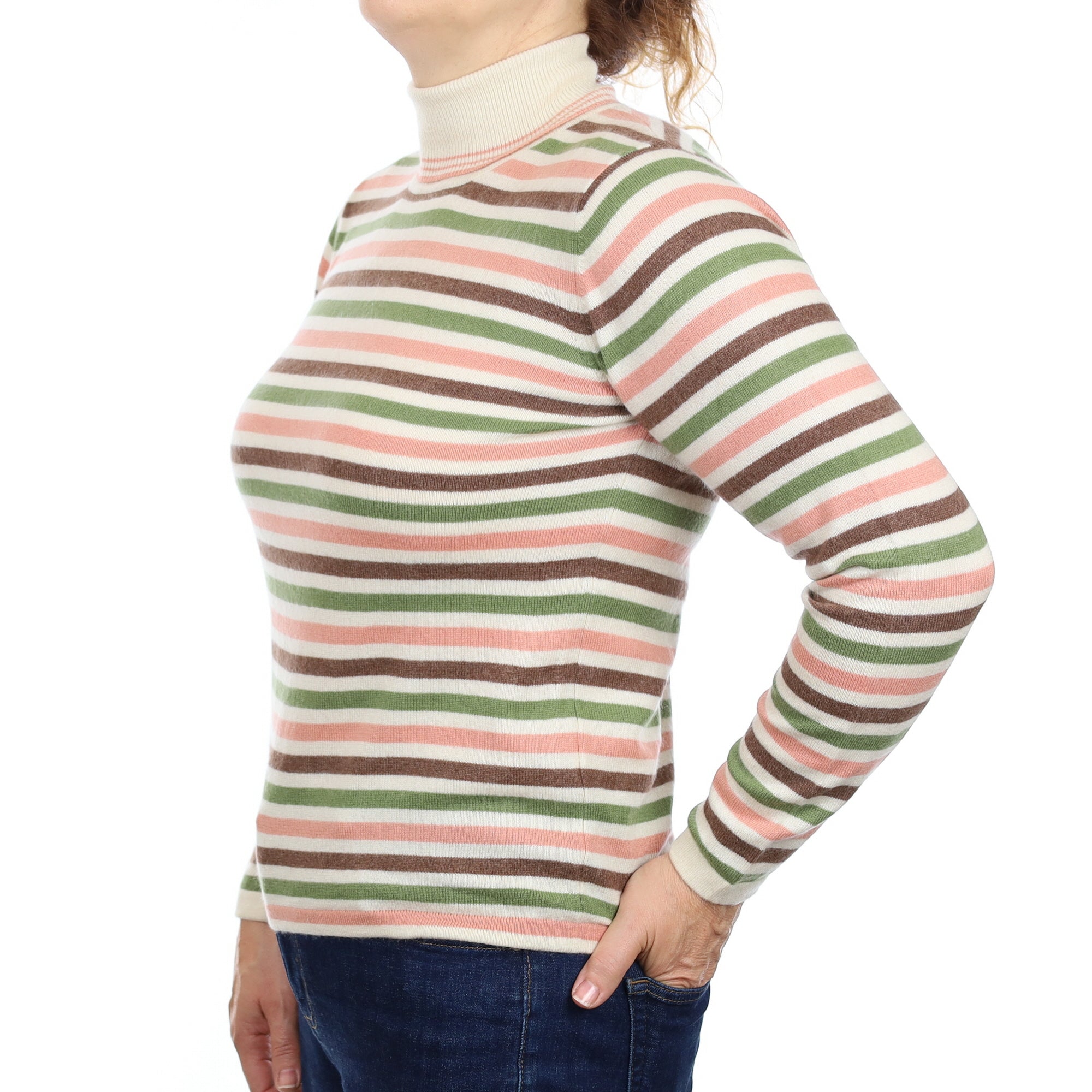 Pink and Green Striped Cashmere Polo Neck Jumper Medium