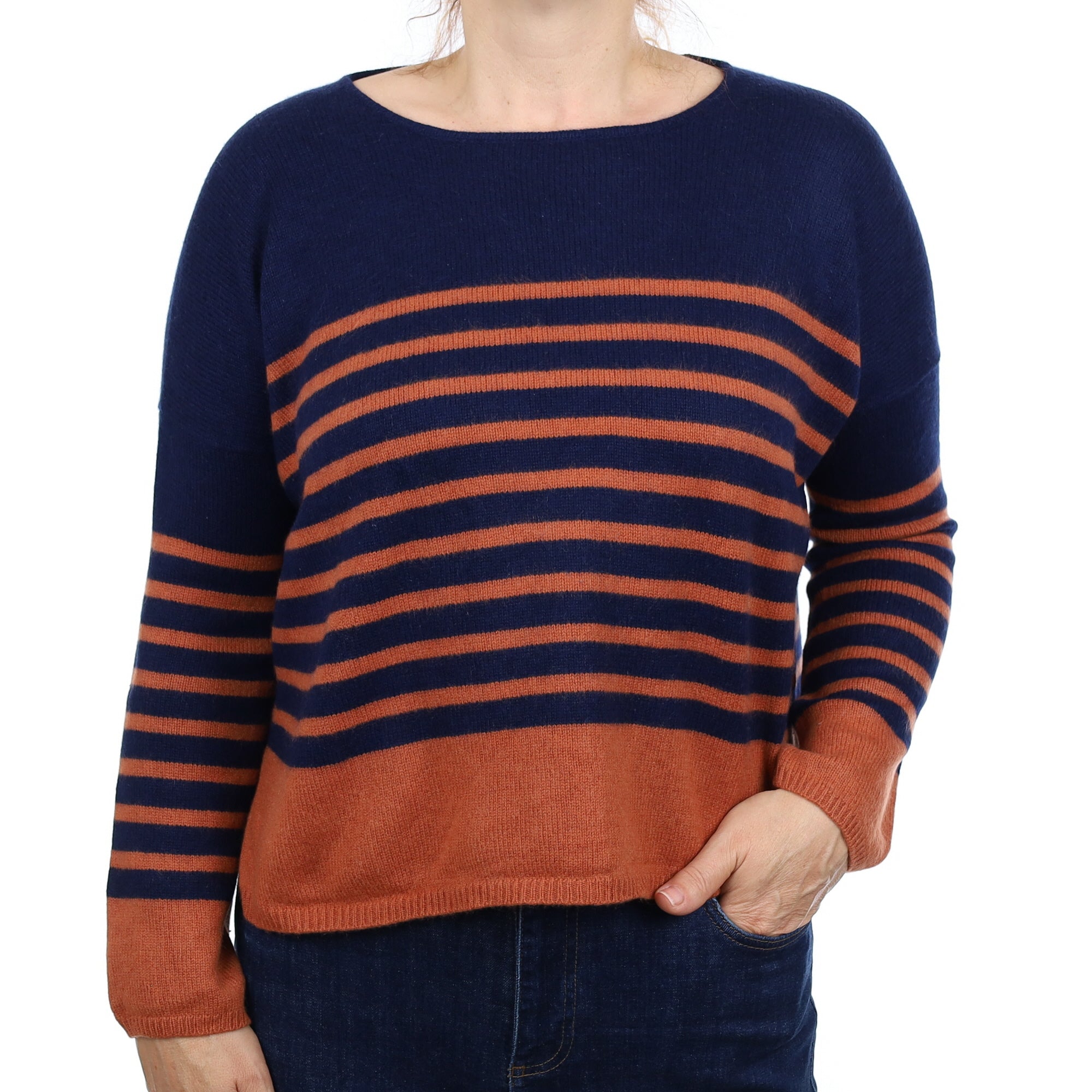 Navy and Rust Stripe Cashmere Boxy Crew Neck Jumper Medium