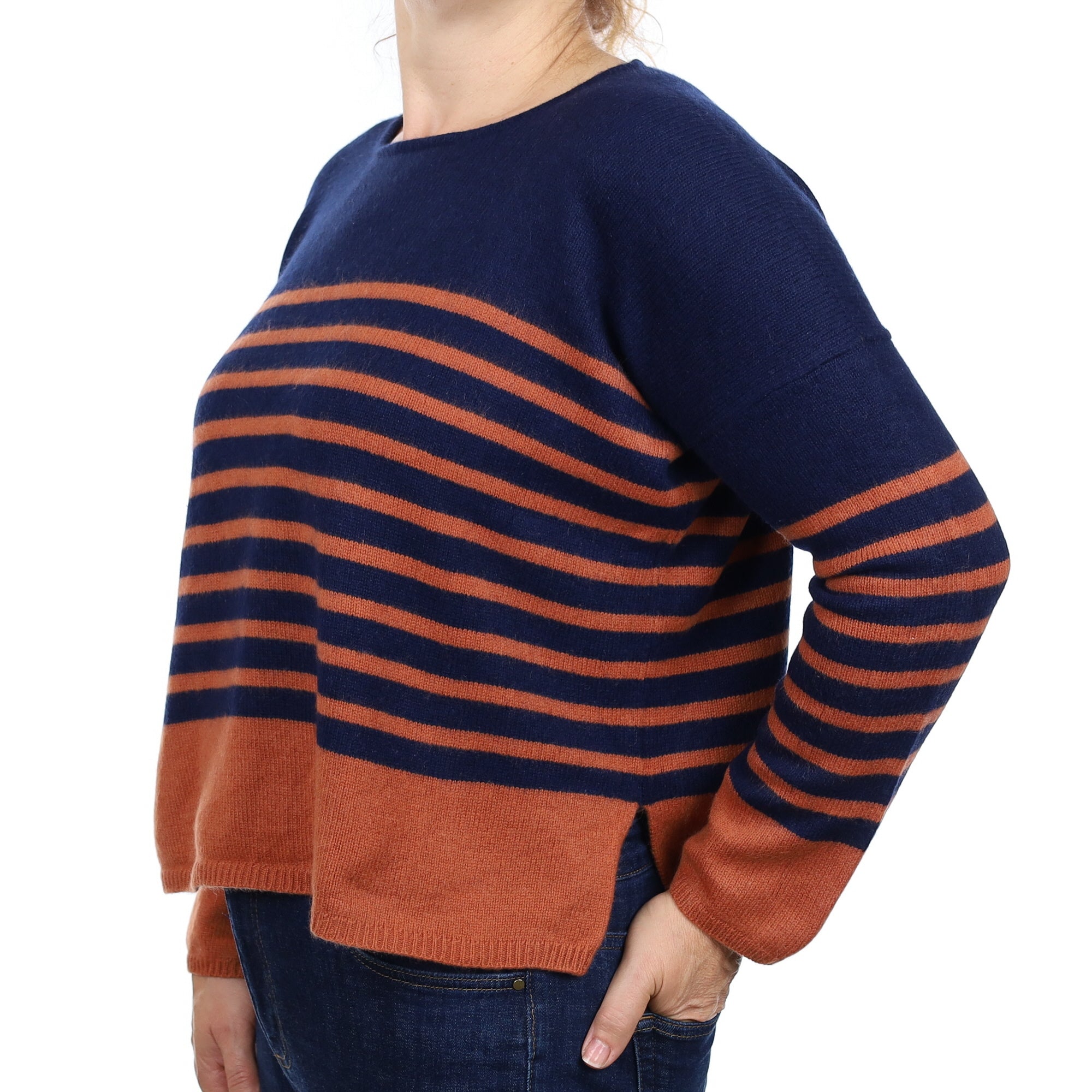 Navy and Rust Stripe Cashmere Boxy Crew Neck Jumper Medium