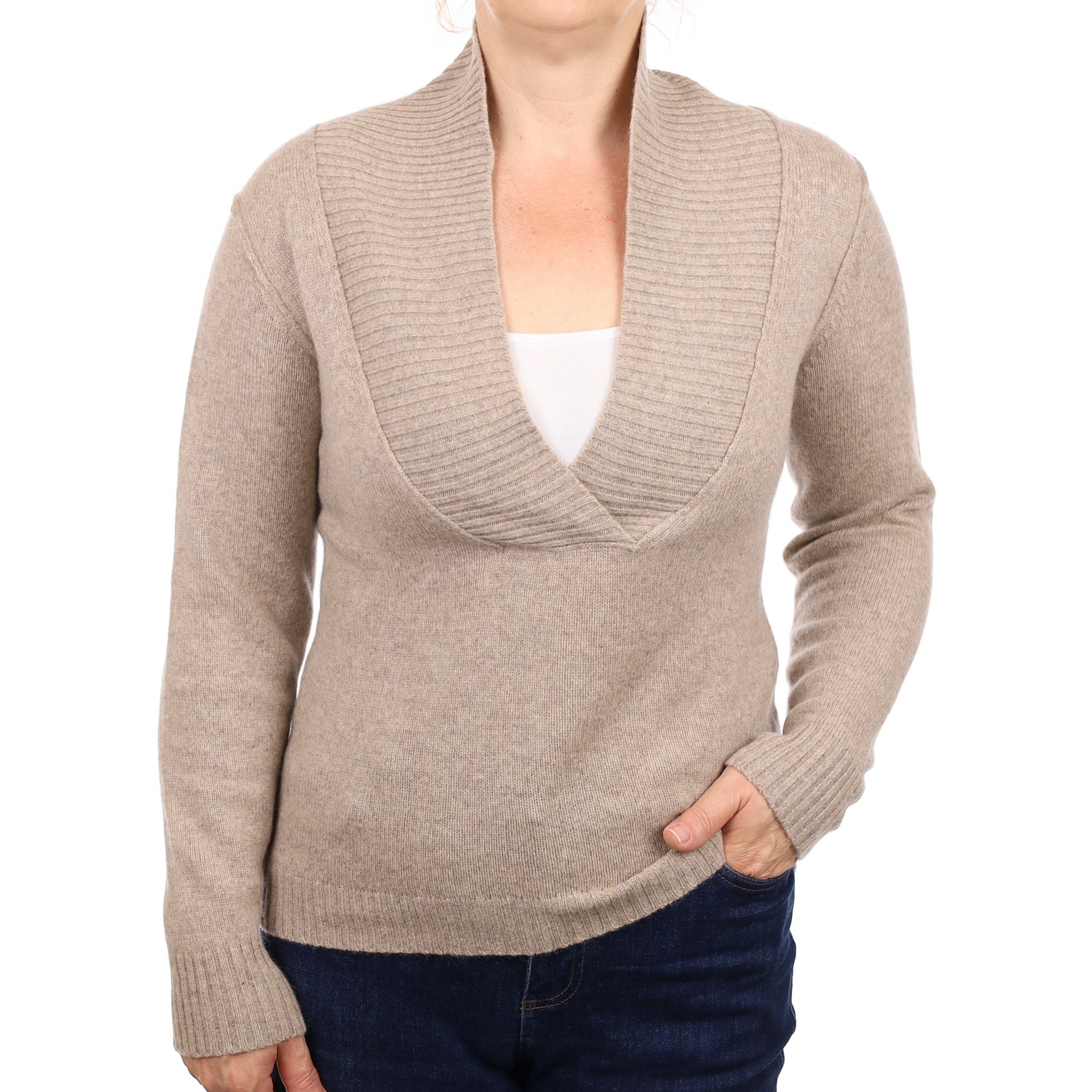 Mink Heavy Knit Cashmere Shawl Collar V Neck Jumper Medium