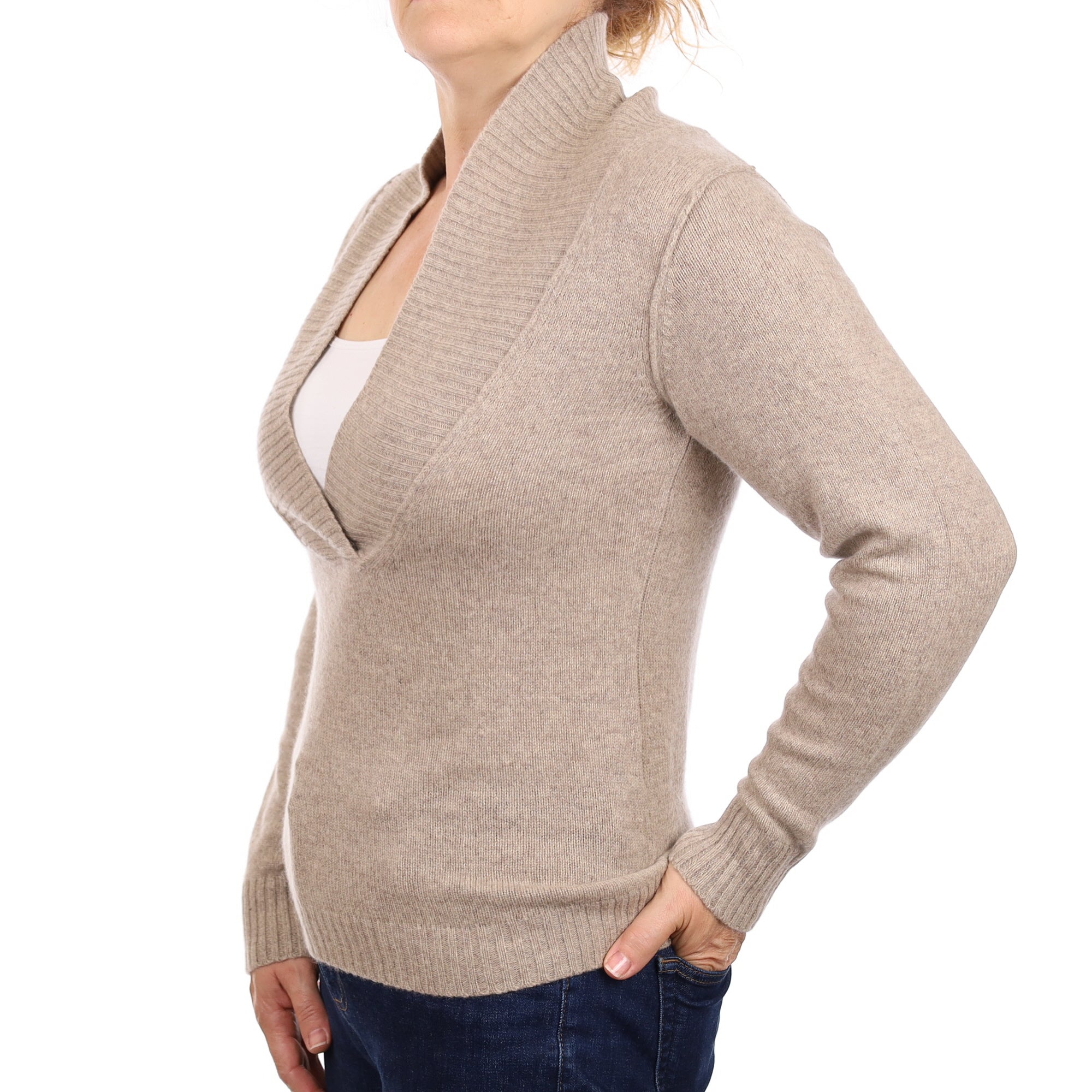 Mink Heavy Knit Cashmere Shawl Collar V Neck Jumper Medium