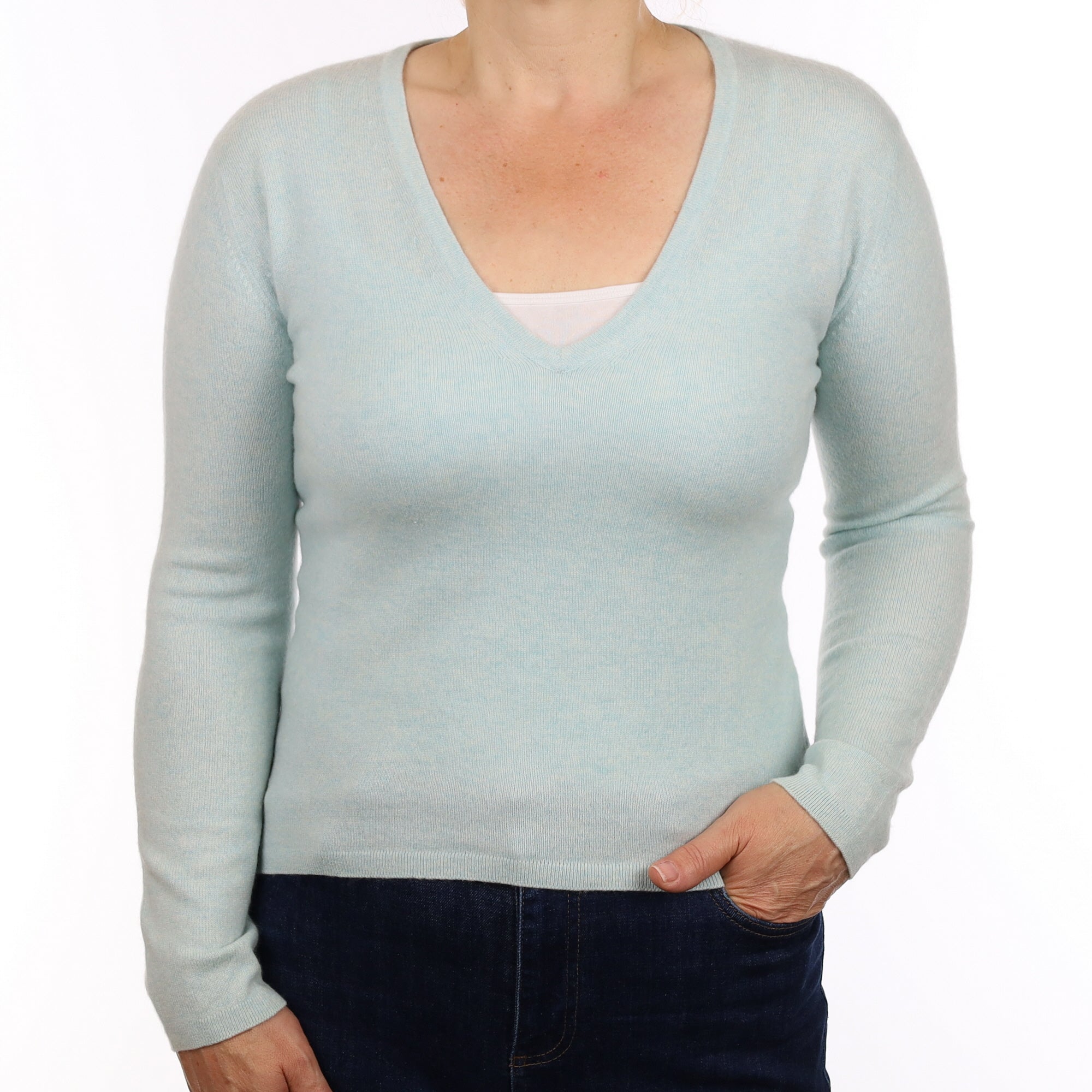 Brora Opal Green Cashmere V Neck Jumper Medium