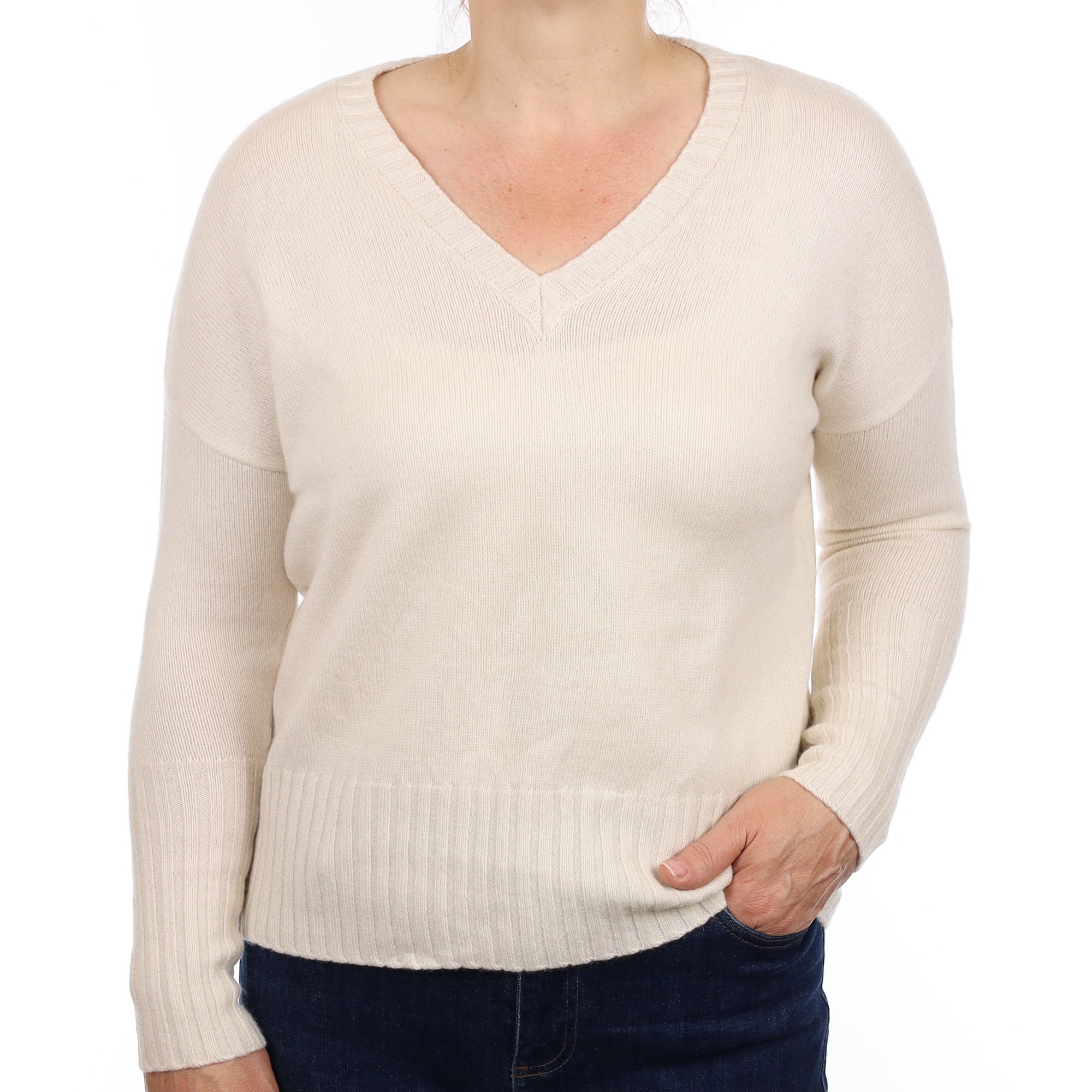 Ivory Heavy Knit Cashmere Boxy V Neck Jumper Medium