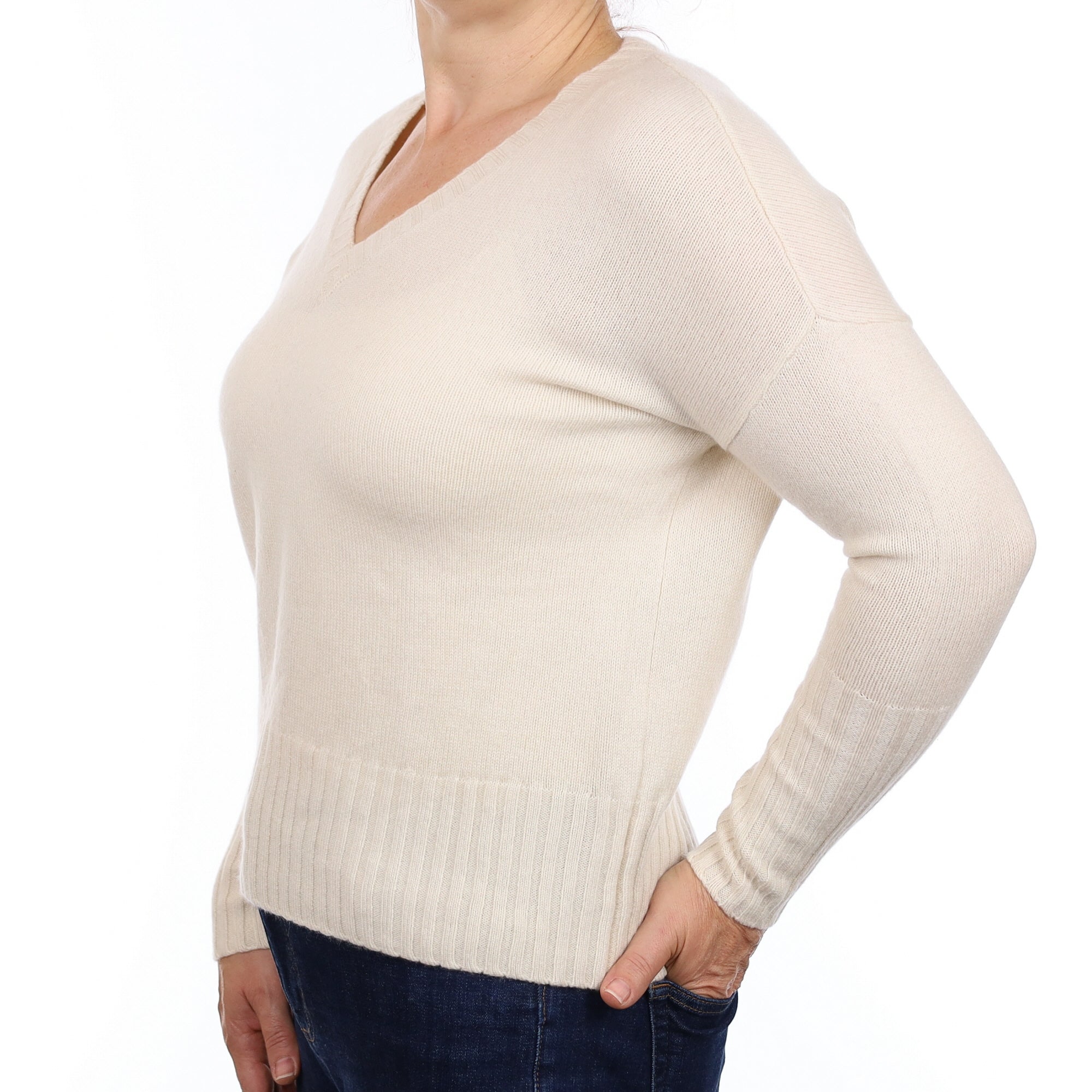 Ivory Heavy Knit Cashmere Boxy V Neck Jumper Medium