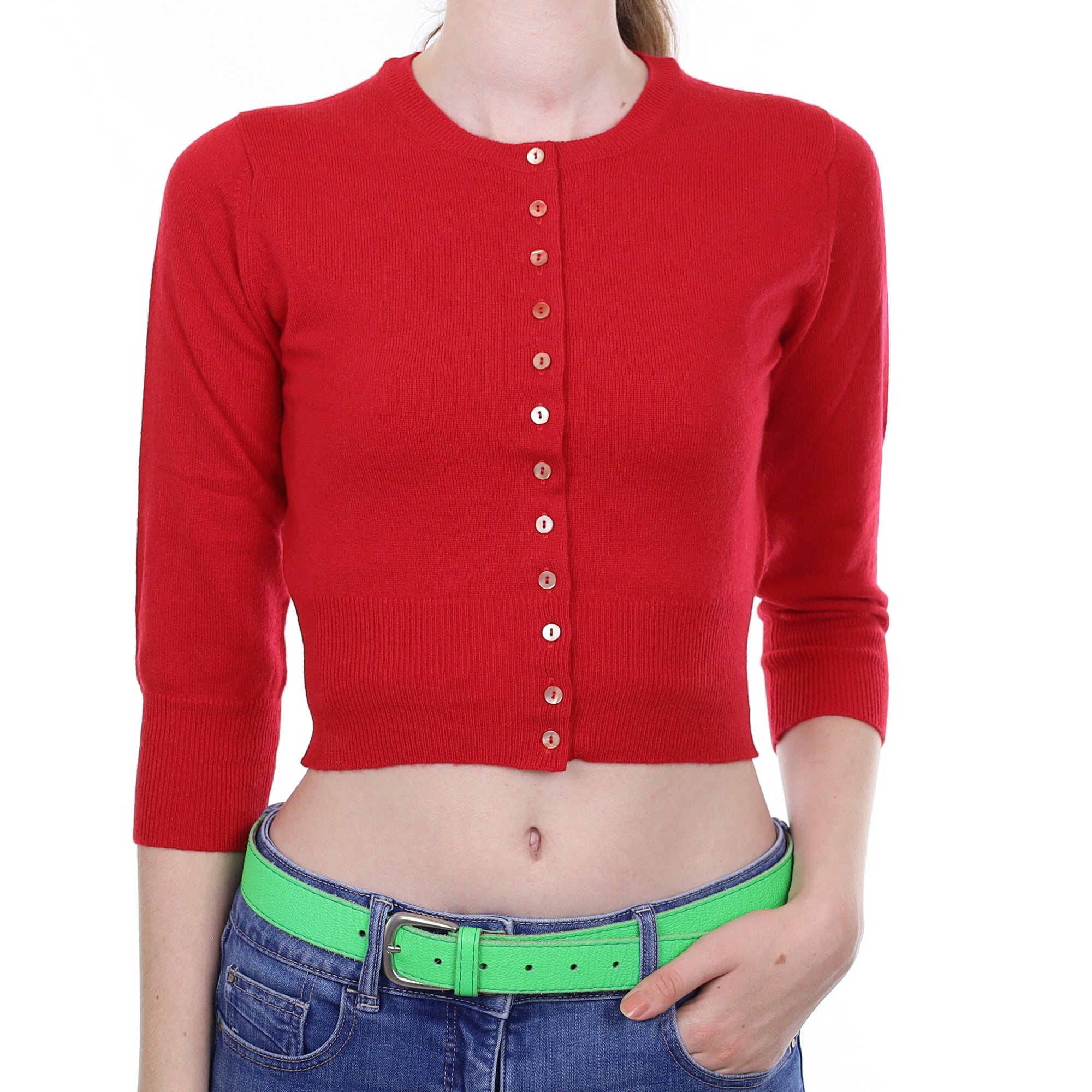 Brora Berry Red Cashmere Cropped Crew Neck Cardigan Extra Small