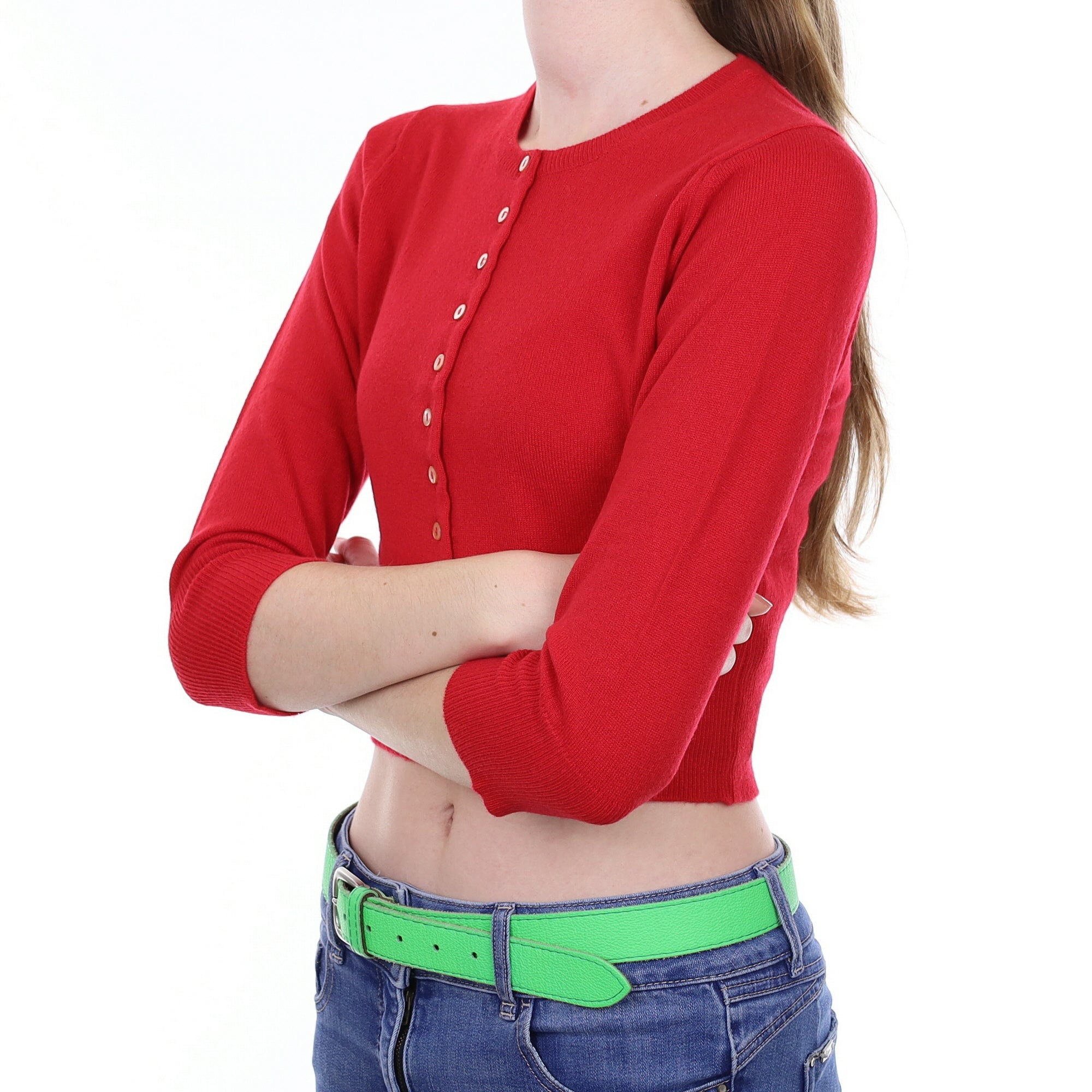 Brora Berry Red Cashmere Cropped Crew Neck Cardigan Extra Small