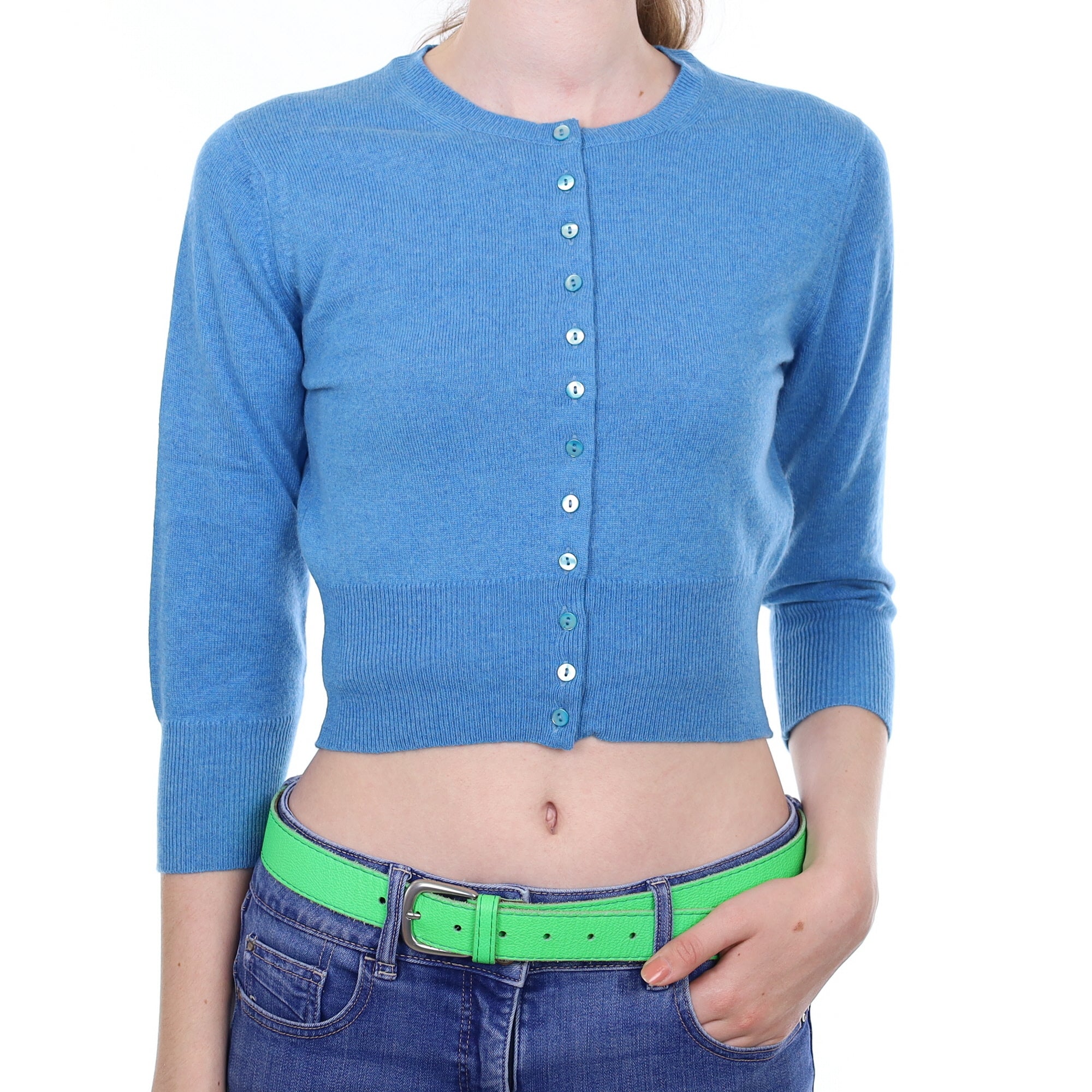 Brora Mediterranean Blue Cashmere Cropped Crew Neck Cardigan Extra Small