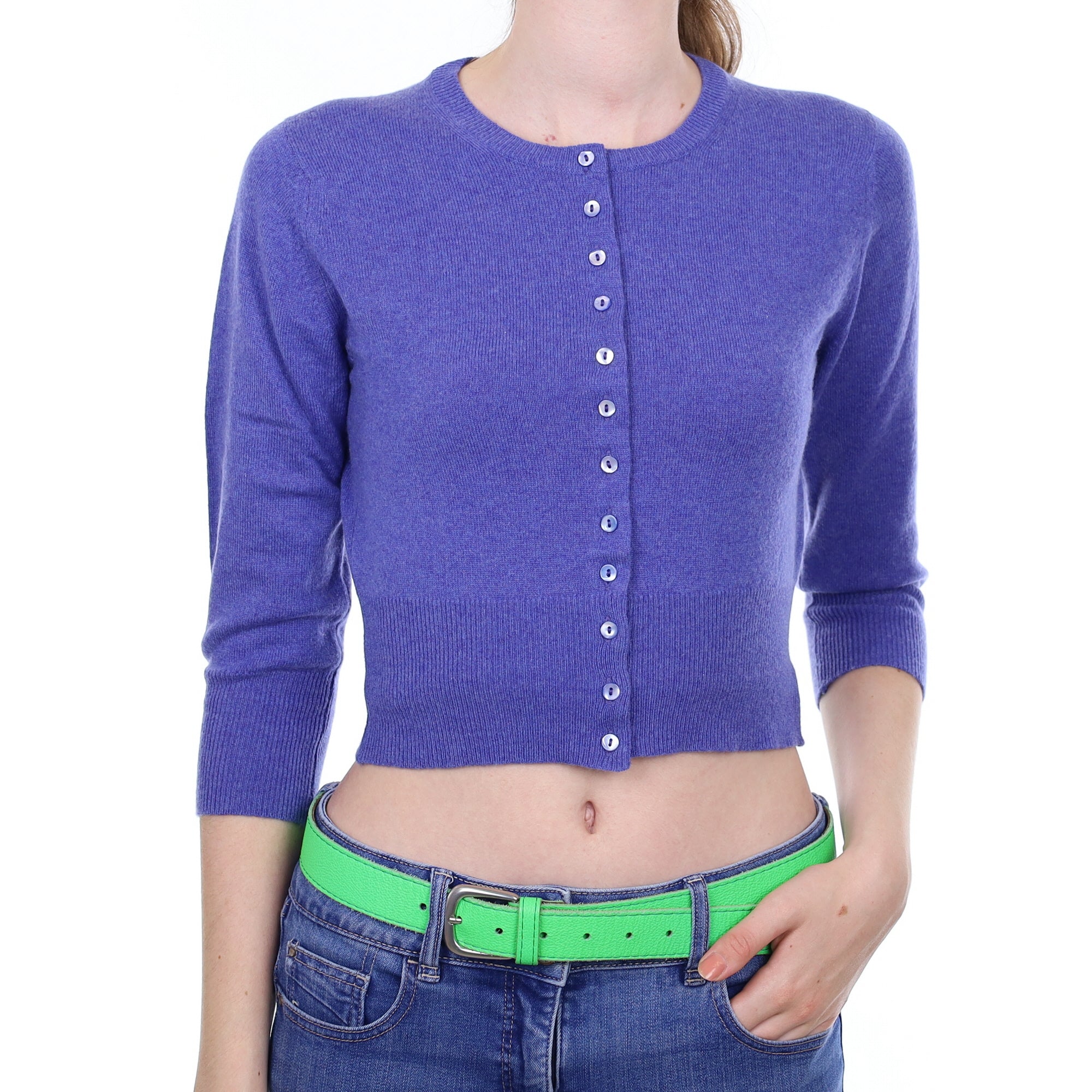 Brora Hyacinth Purple Cashmere Cropped Crew Neck Cardigan Extra Small