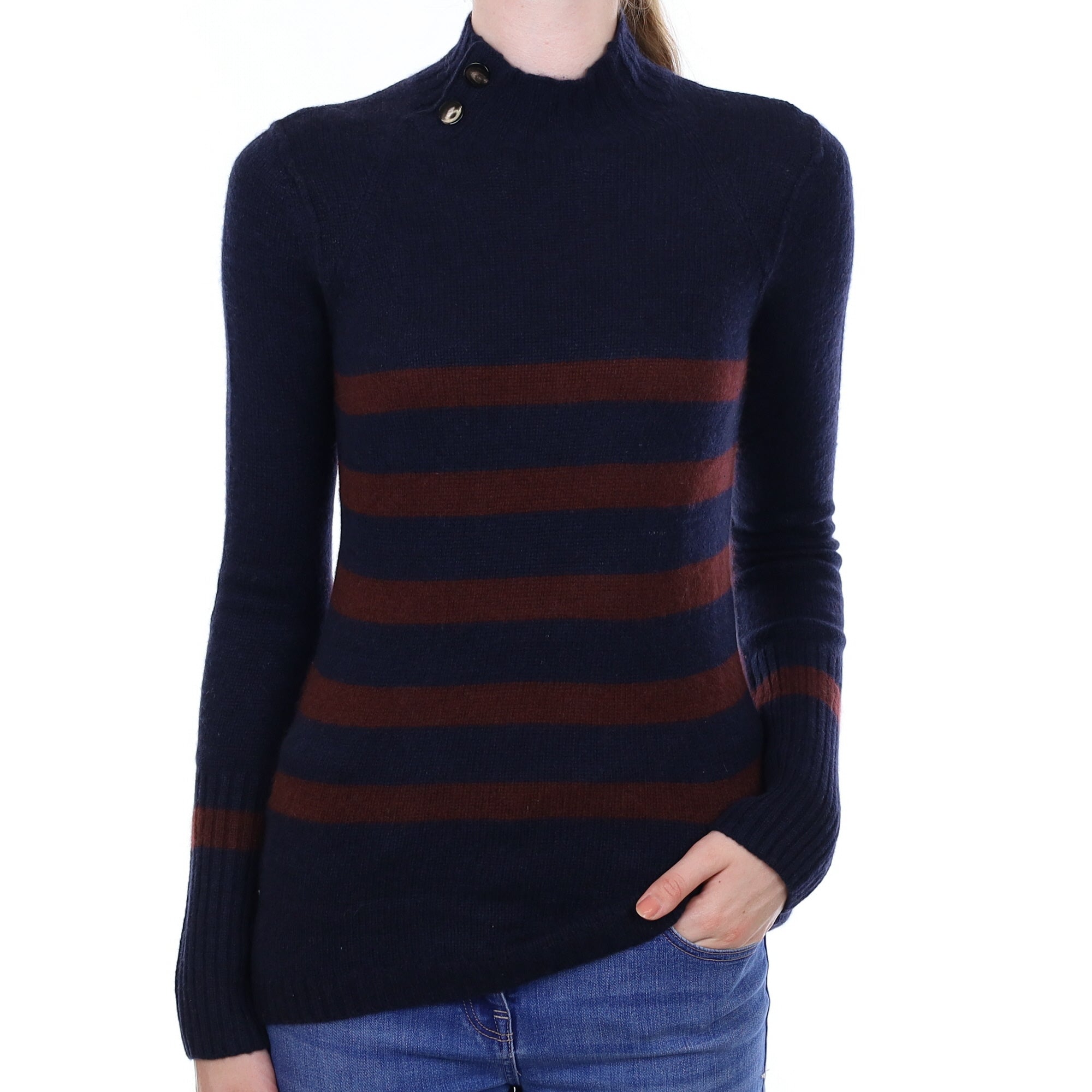 Jigsaw Navy Striped Cashmere Button Up Turtleneck Jumper Extra Small