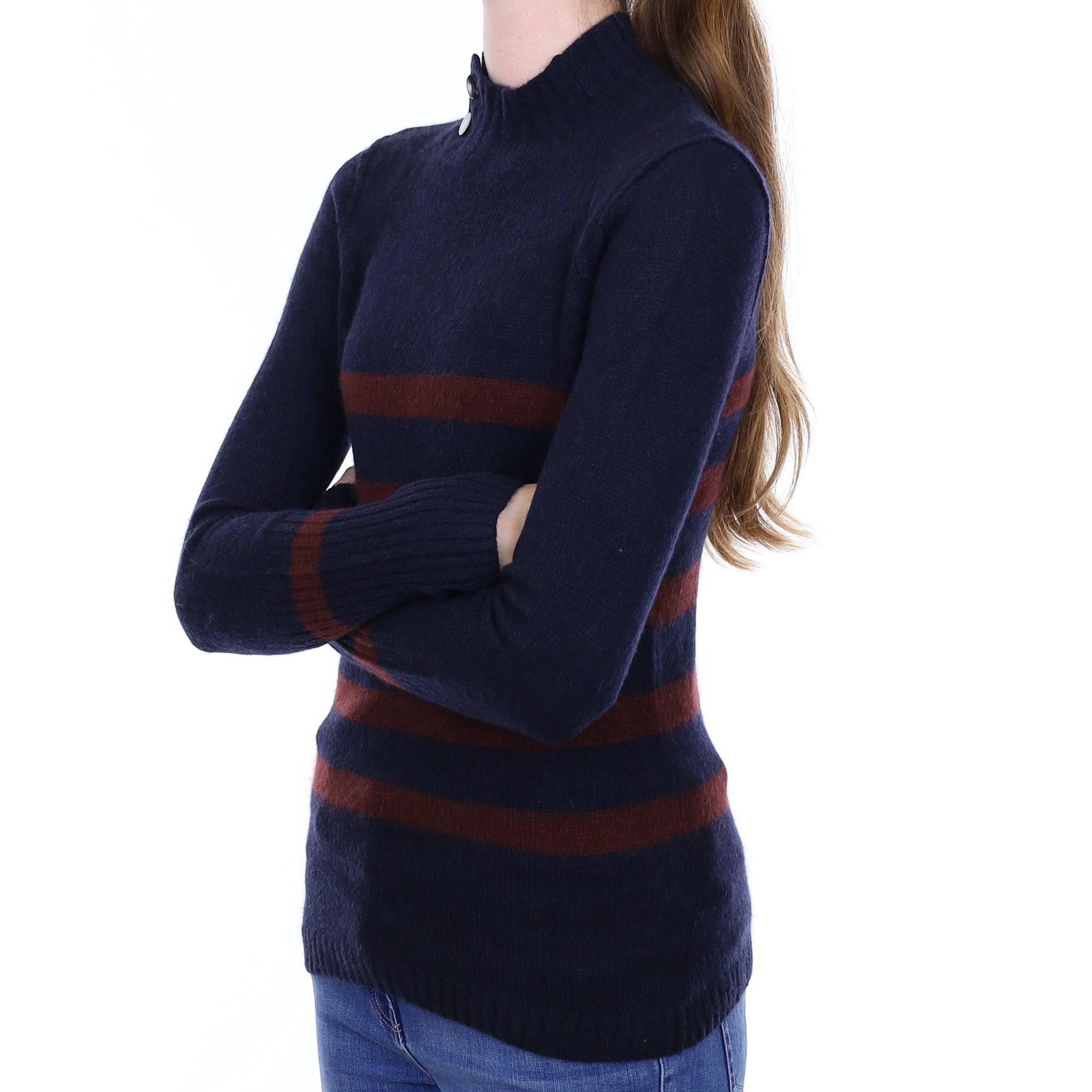 Jigsaw Navy Striped Cashmere Button Up Turtleneck Jumper Extra Small