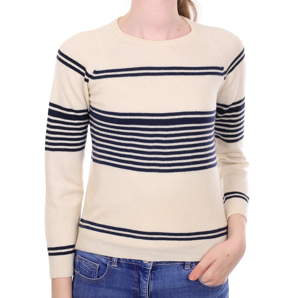 Ivory & Navy Stripe Cashmere Crew Neck Jumper Extra Small