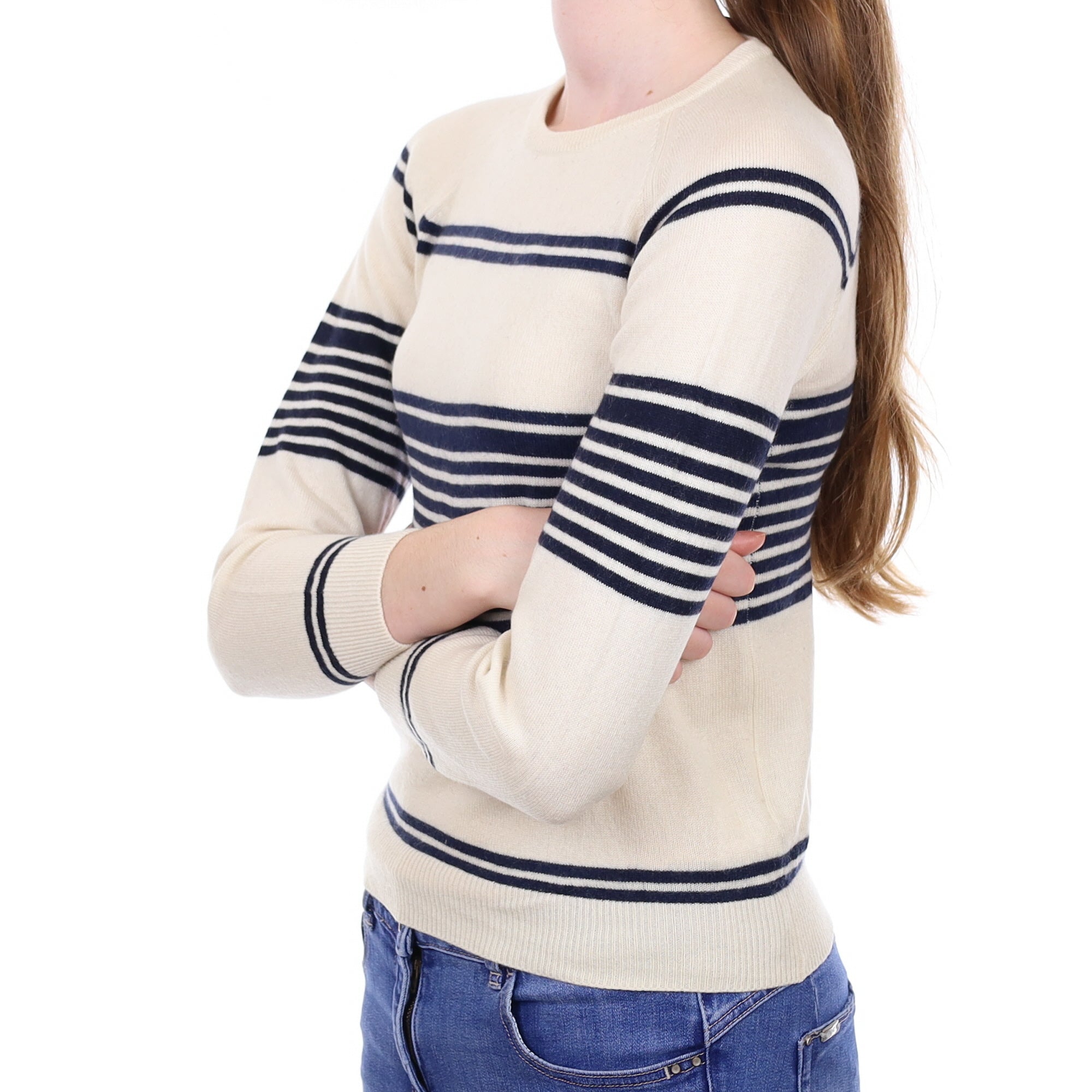 Ivory & Navy Stripe Cashmere Crew Neck Jumper Extra Small