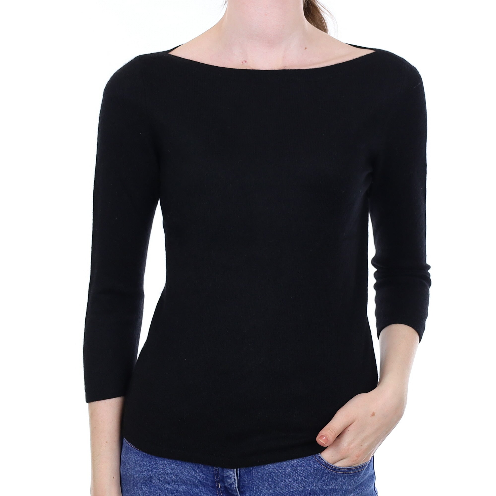 Black Cashmere 3/4 Sleeve Boat Neck Jumper Extra Small