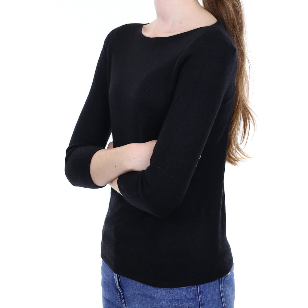 Black Cashmere 3/4 Sleeve Boat Neck Jumper Extra Small
