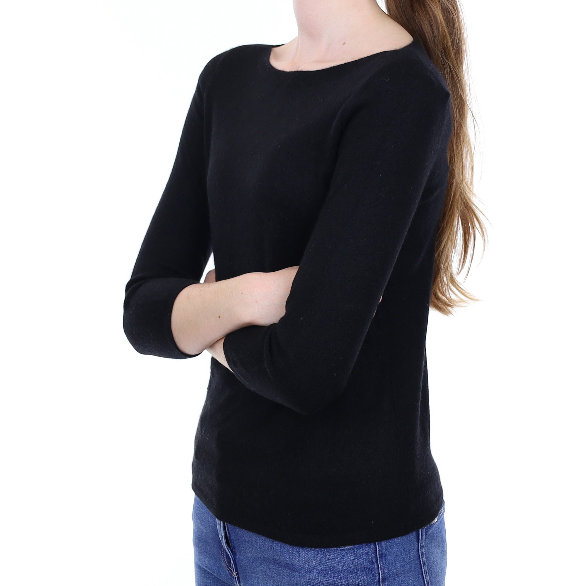 Black Cashmere 3/4 Sleeve Boat Neck Jumper Extra Small