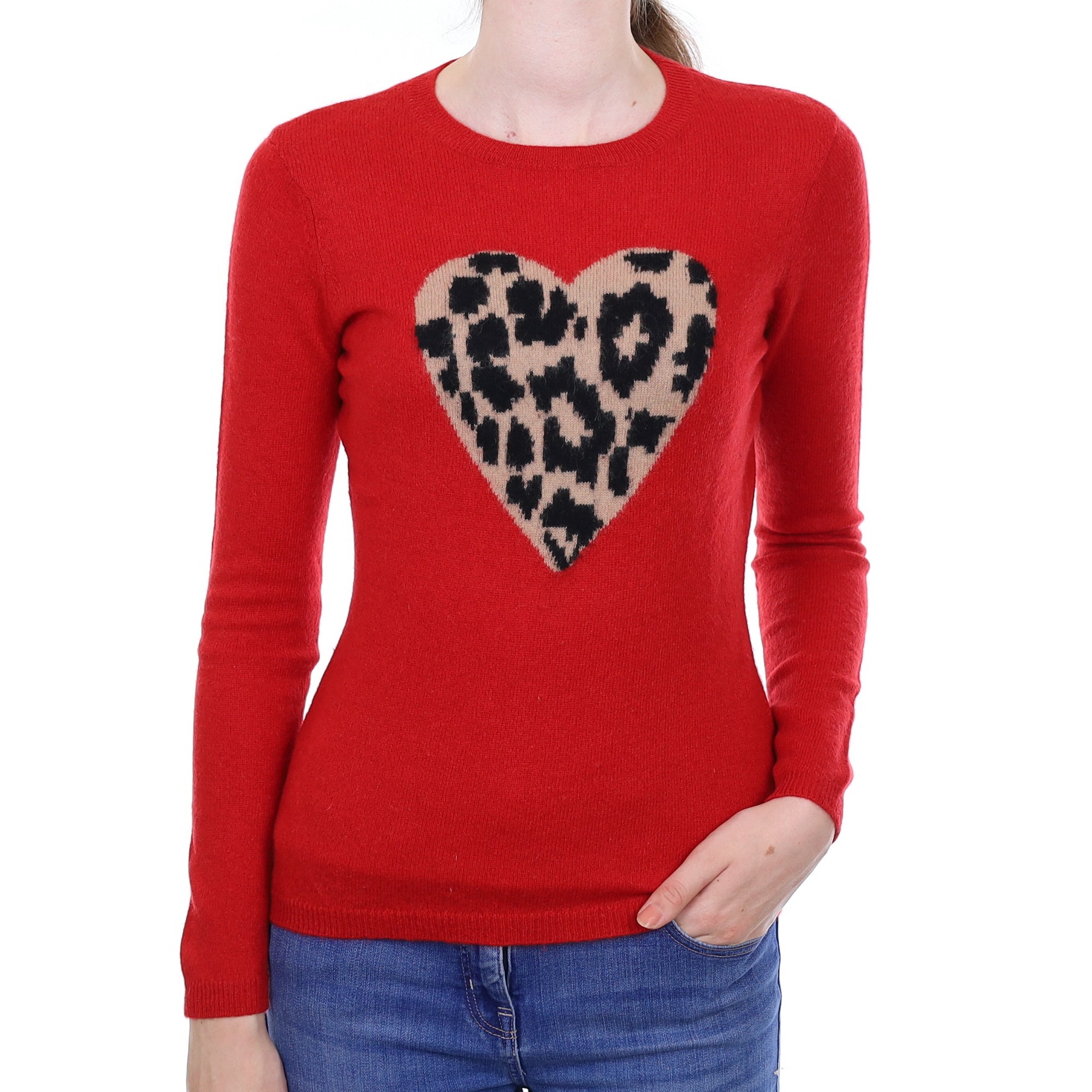 Red Leopard Print Heart Cashmere Crew Neck Jumper Extra Small