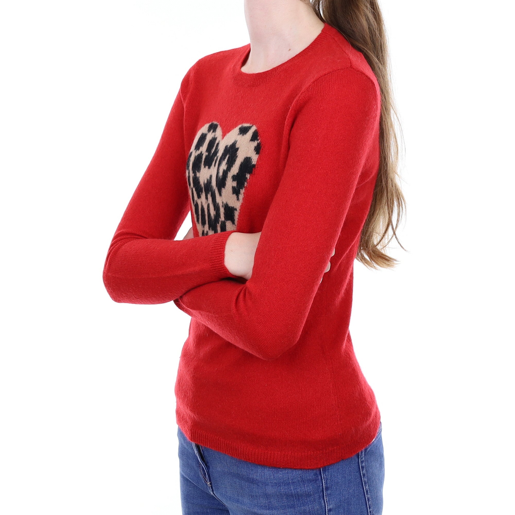 Red Leopard Print Heart Cashmere Crew Neck Jumper Extra Small