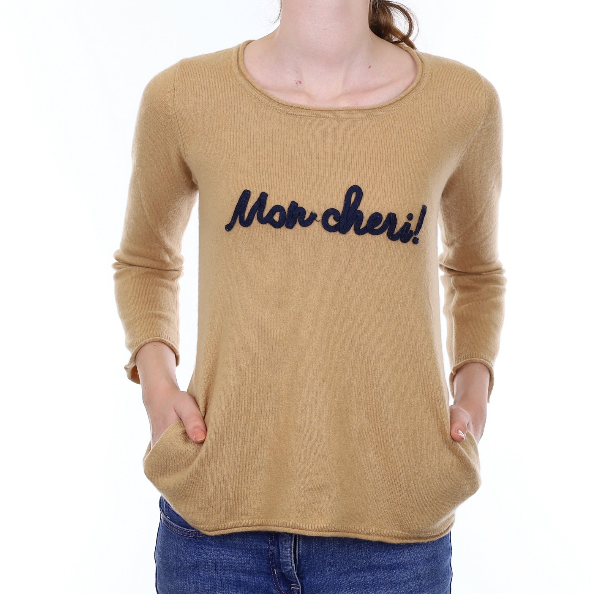 Camel Slogan Cashmere Crew Neck Jumper Extra Small
