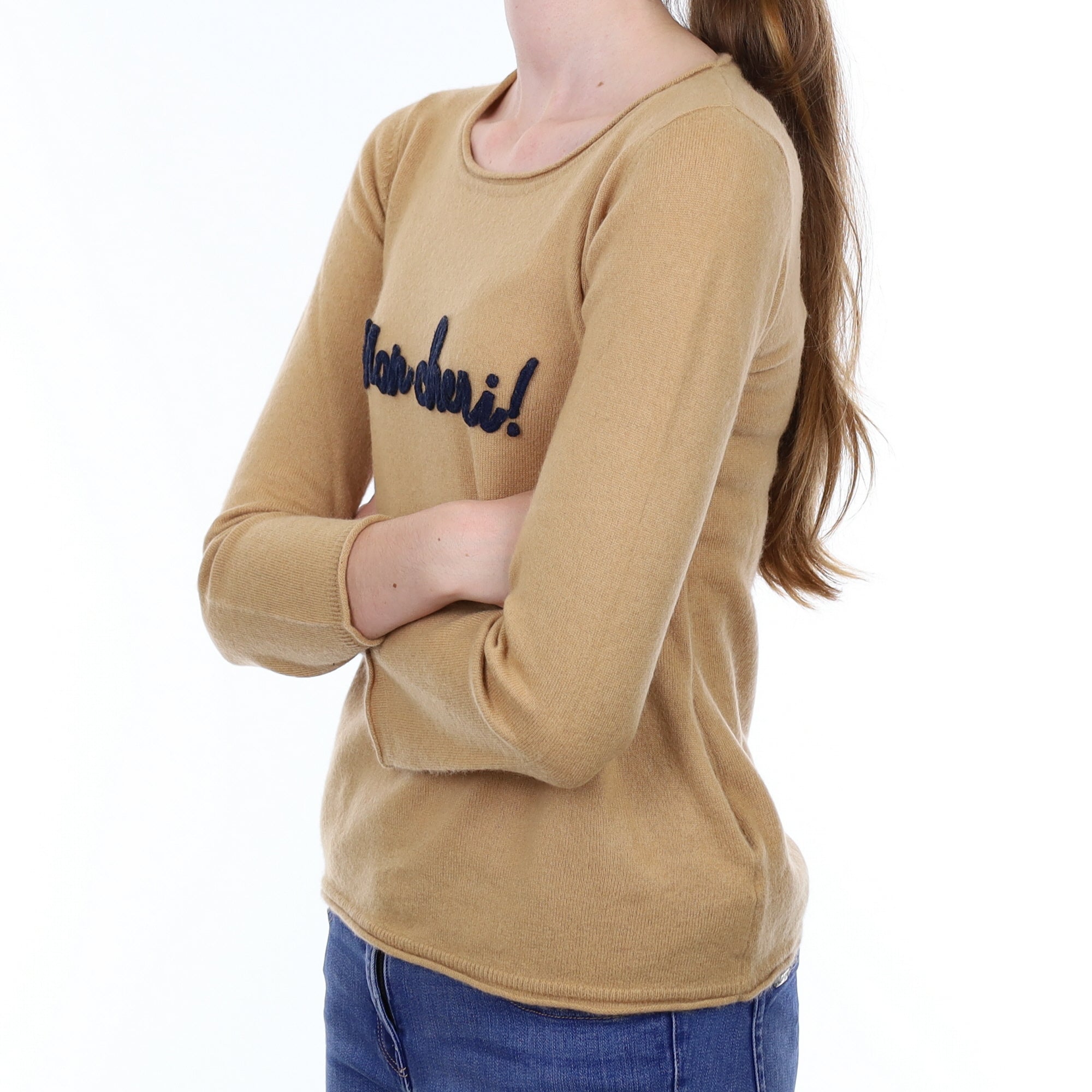 Camel Slogan Cashmere Crew Neck Jumper Extra Small