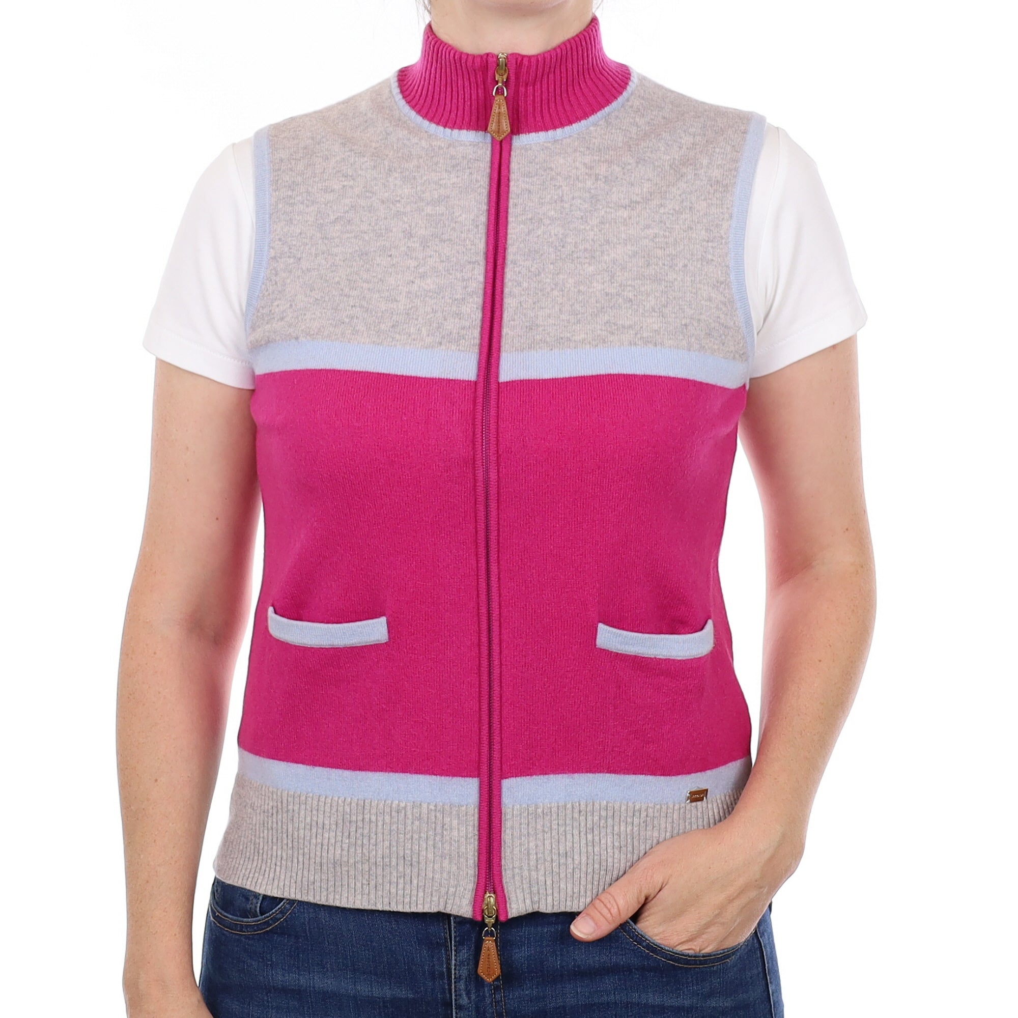 Pink and Grey Cashmere Zip Up Gilet with Pockets Small