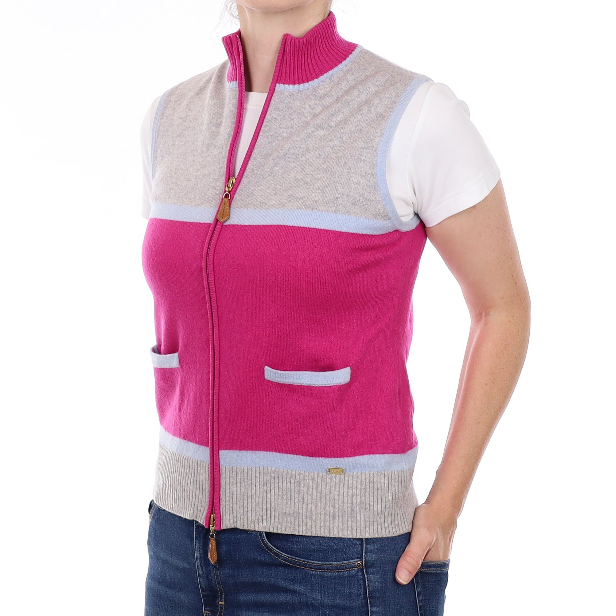 Pink and Grey Cashmere Zip Up Gilet with Pockets Small