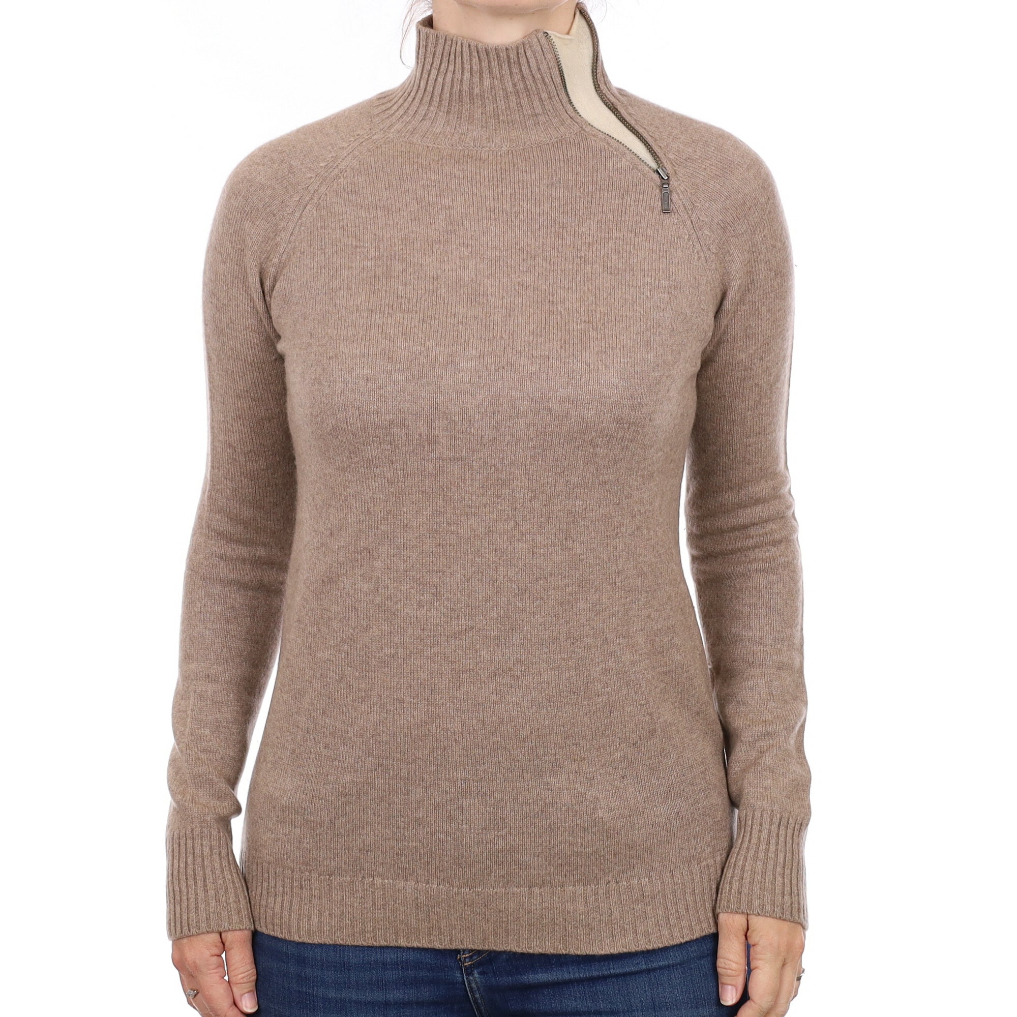 Taupe Cashmere Zip Detail Turtleneck Jumper Small