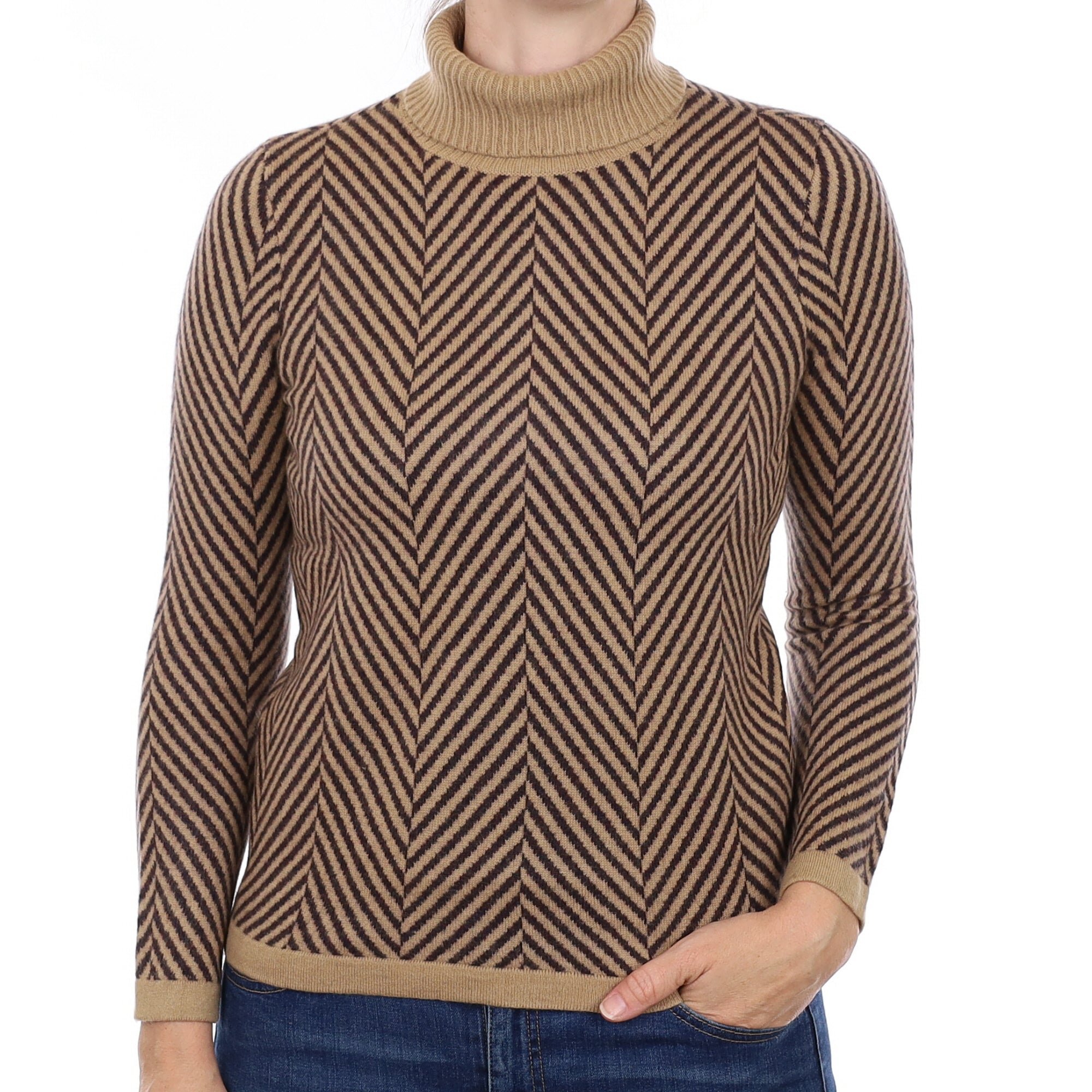 Chocolate and Caramel Herringbone Cashmere Polo Neck Jumper Small