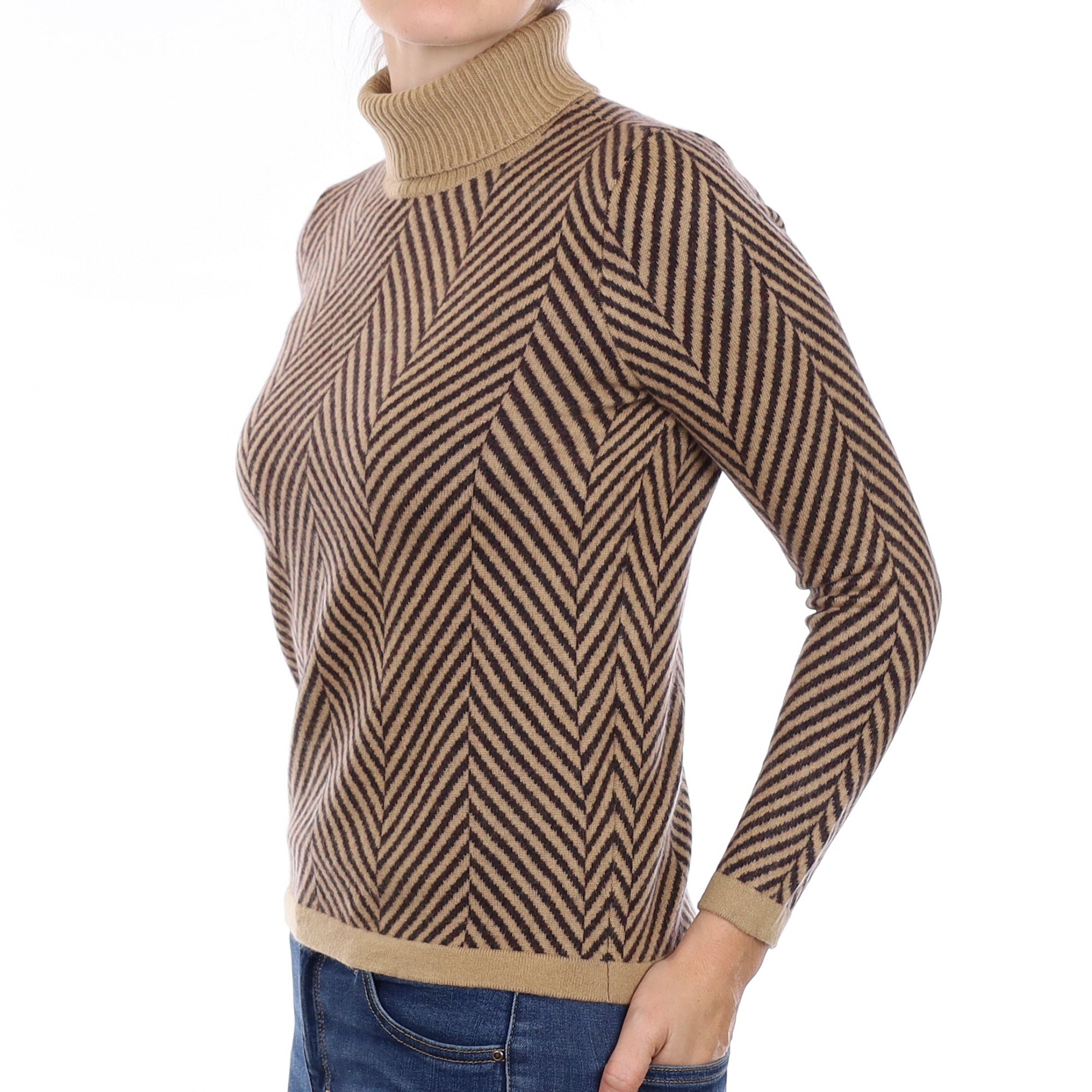 Chocolate and Caramel Herringbone Cashmere Polo Neck Jumper Small