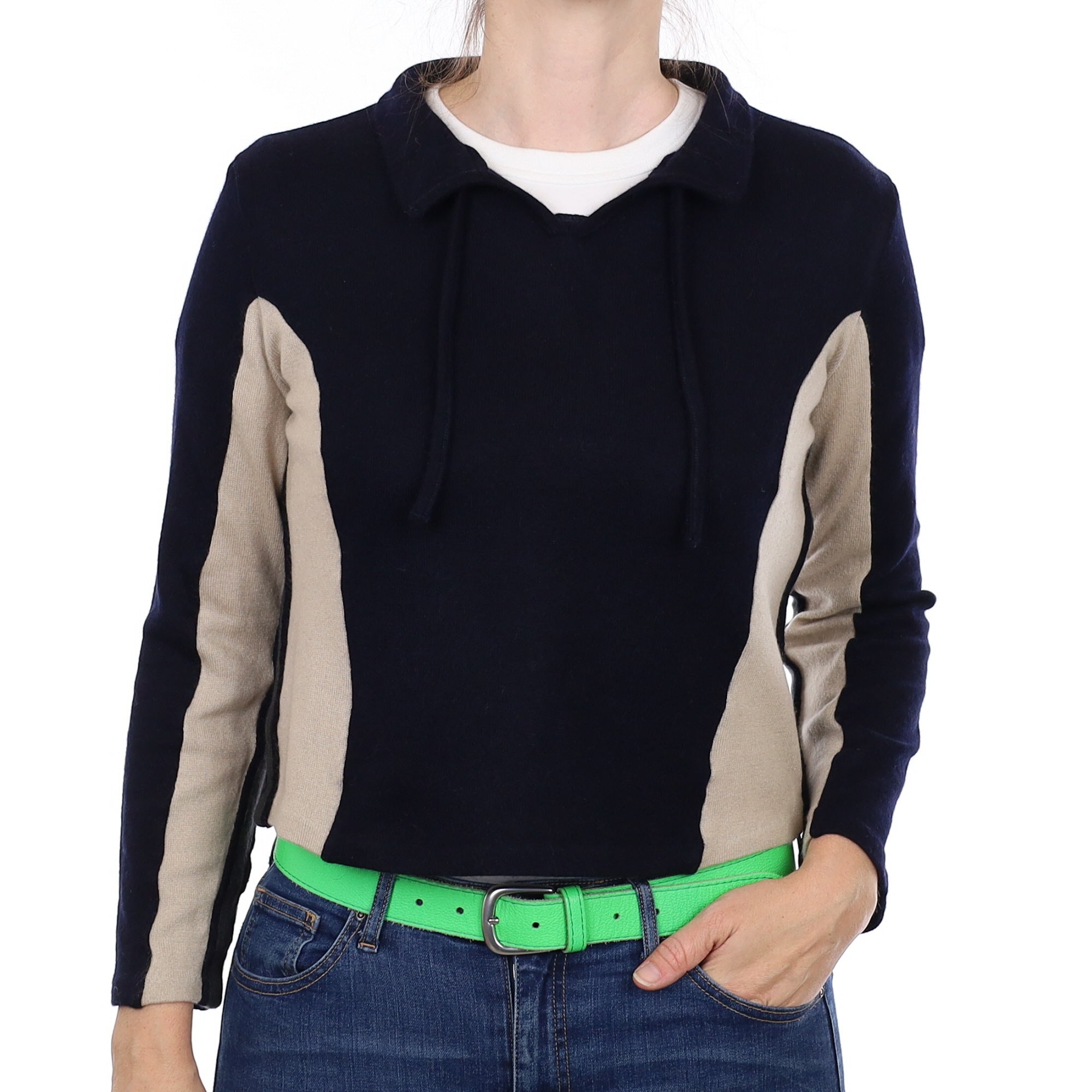 Navy and Beige Cashmere Collard Drawstring V Neck Jumper Small