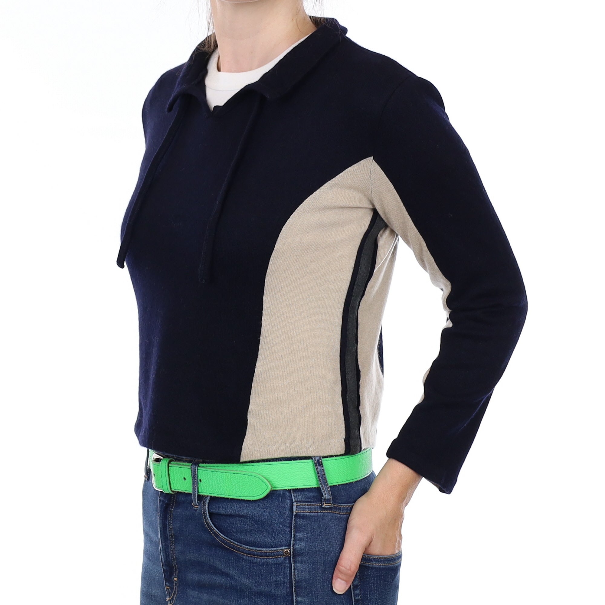 Navy and Beige Cashmere Collard Drawstring V Neck Jumper Small
