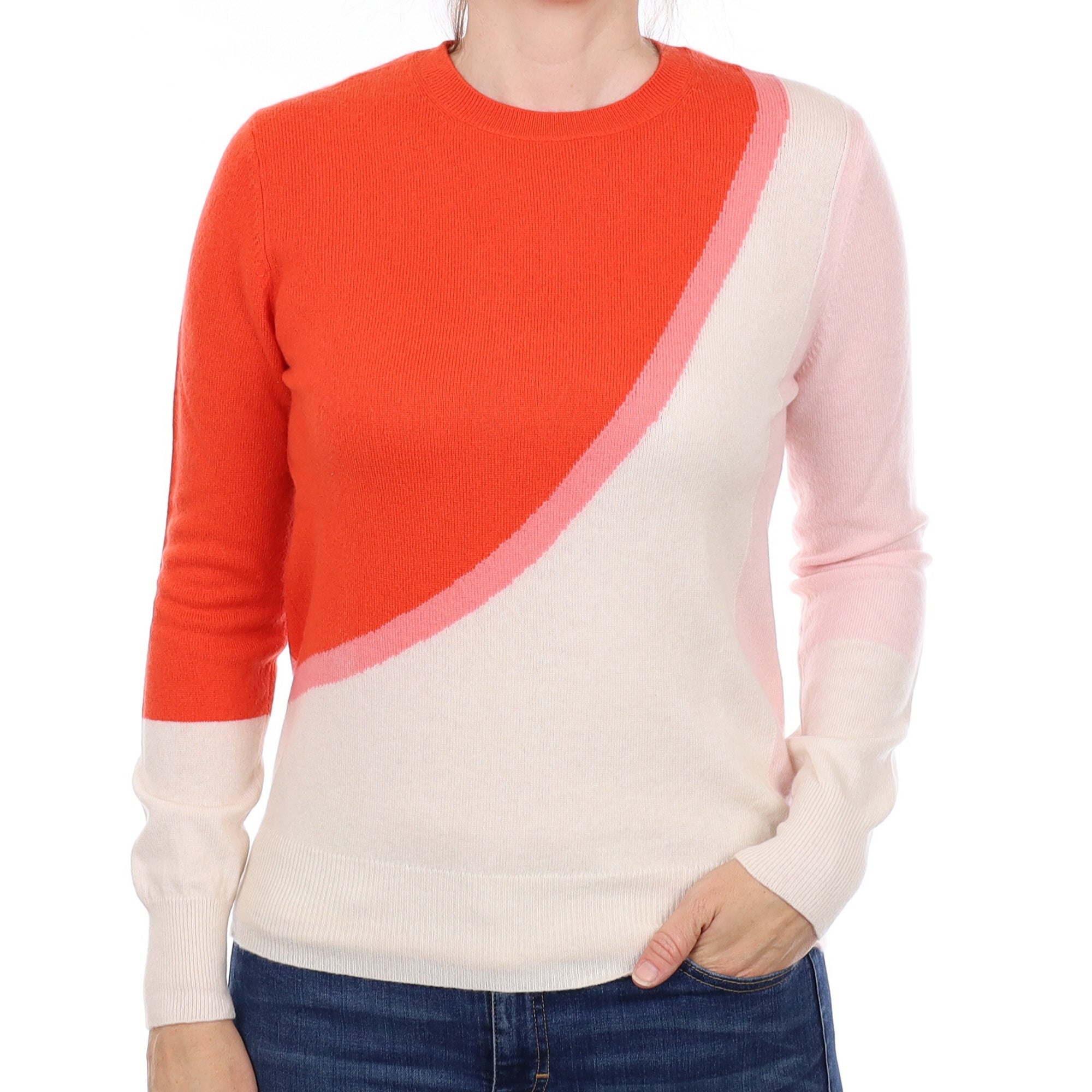 Fiery Orange Patterned Cashmere Crew Neck Jumper Small