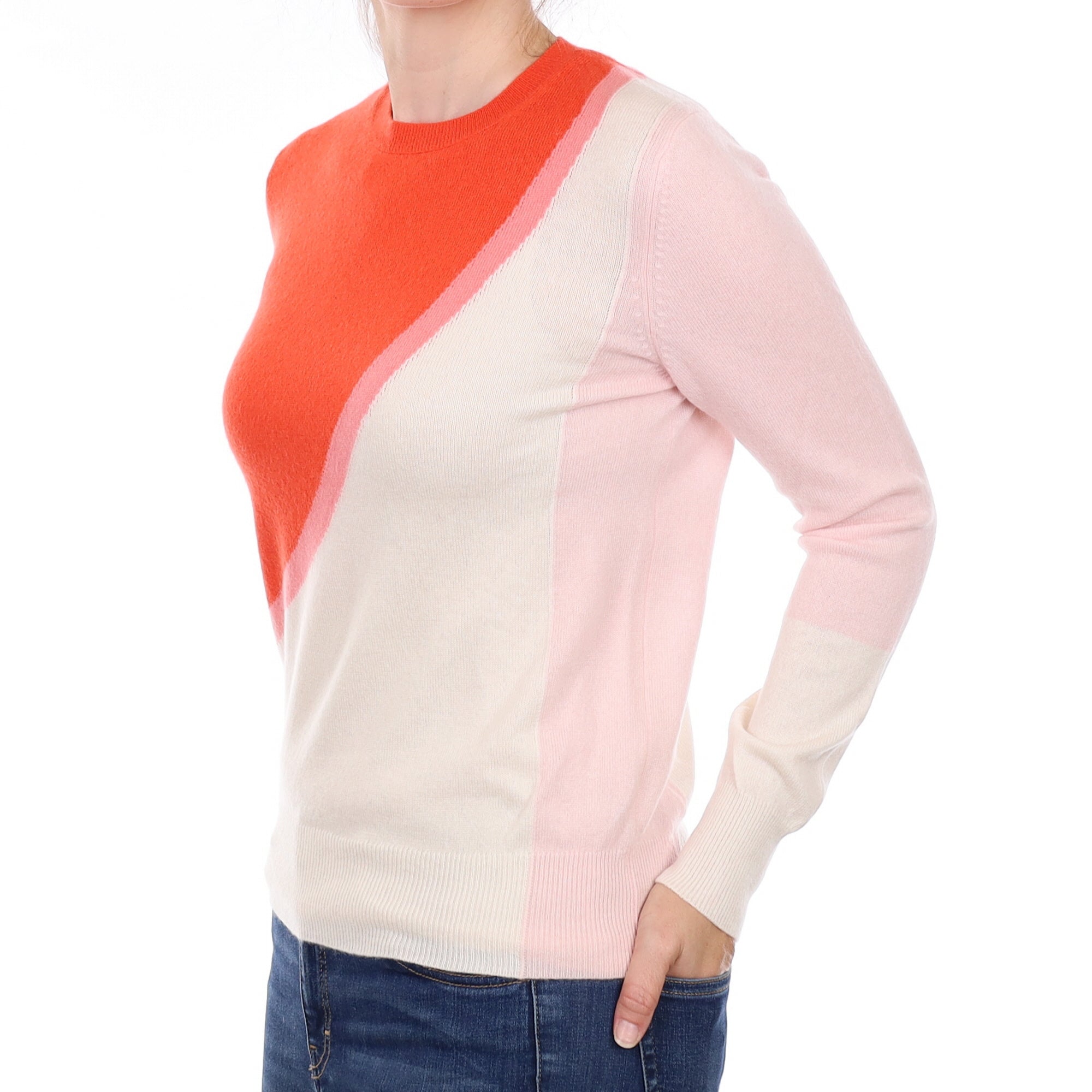 Fiery Orange Patterned Cashmere Crew Neck Jumper Small