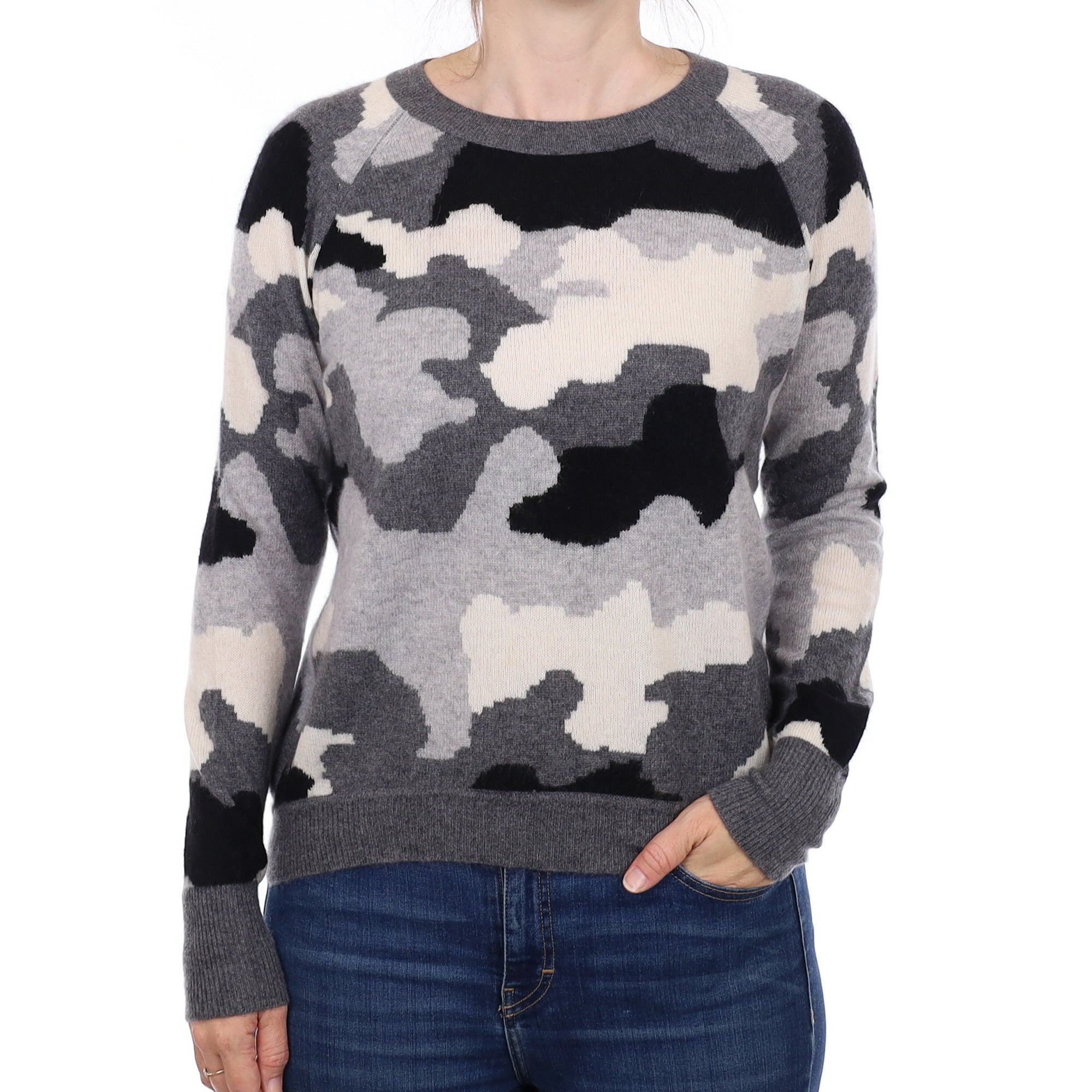 Grey Camouflage Cashmere Crew Neck Jumper Small