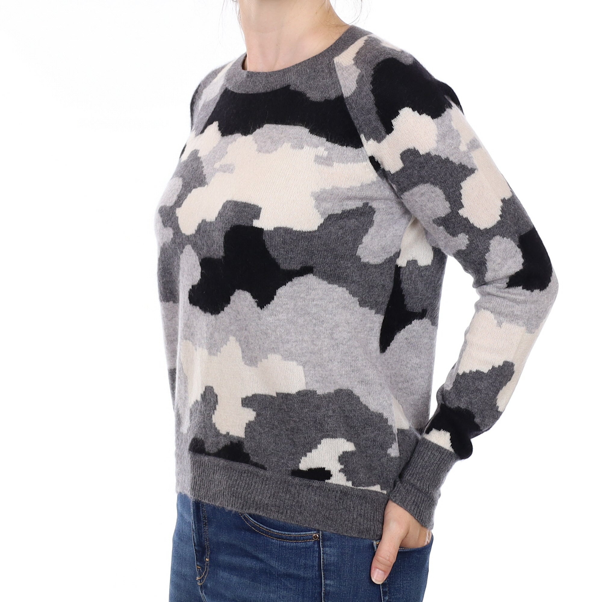 Grey Camouflage Cashmere Crew Neck Jumper Small