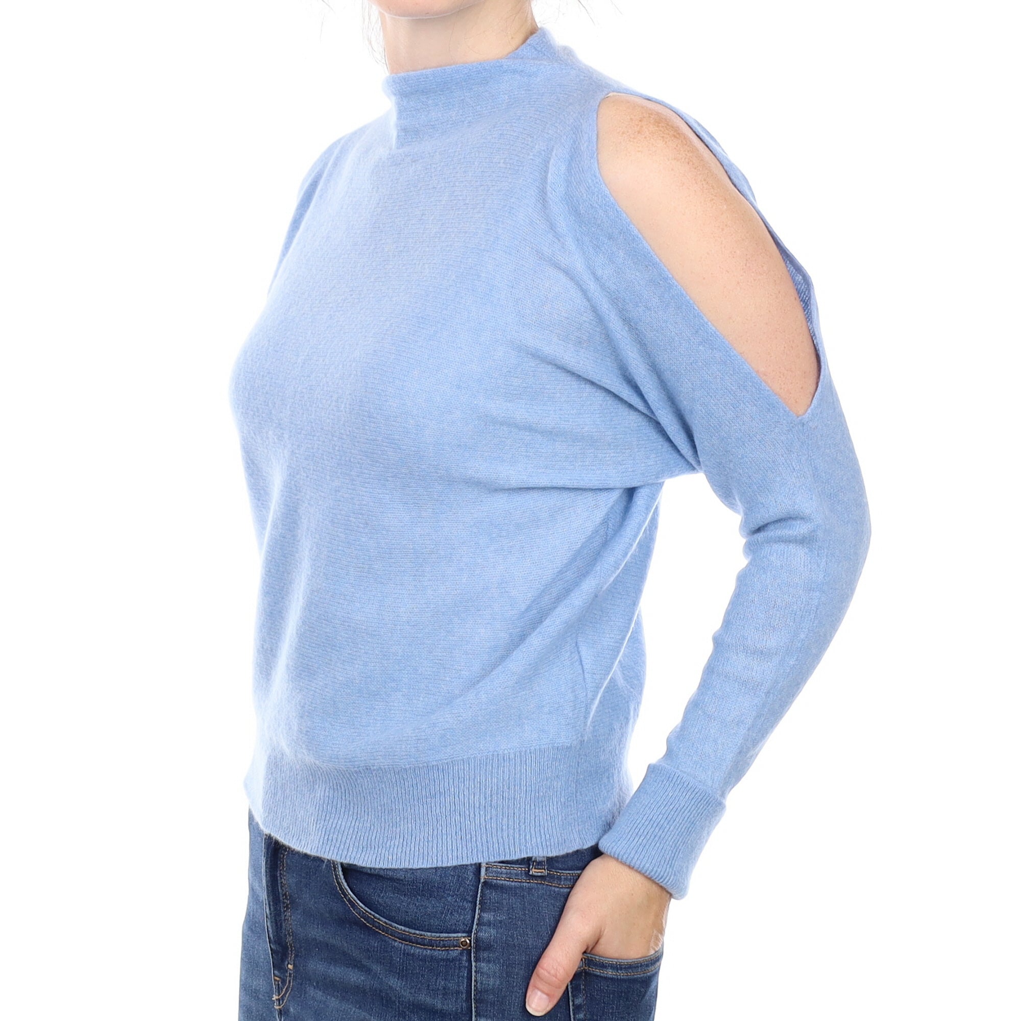 Sky Blue Cashmere Cold Shoulder Funnel Neck Jumper Small