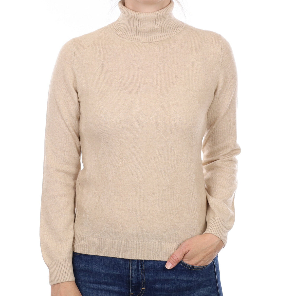 Fawn Diamond Textured Cashmere Polo Neck Jumper Small
