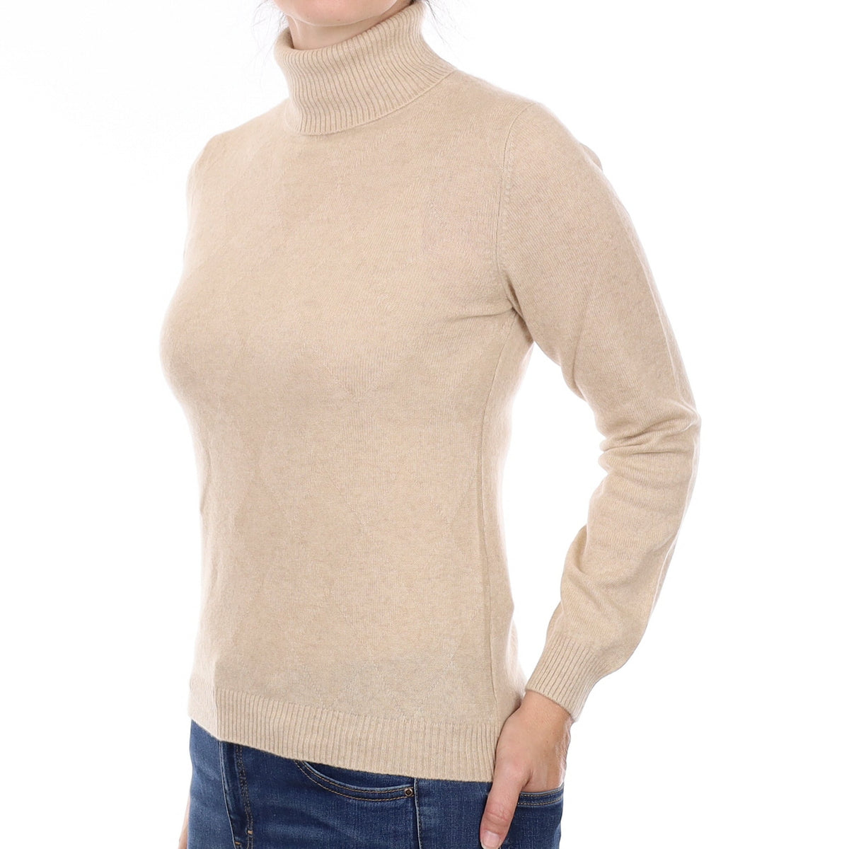 Fawn Diamond Textured Cashmere Polo Neck Jumper Small