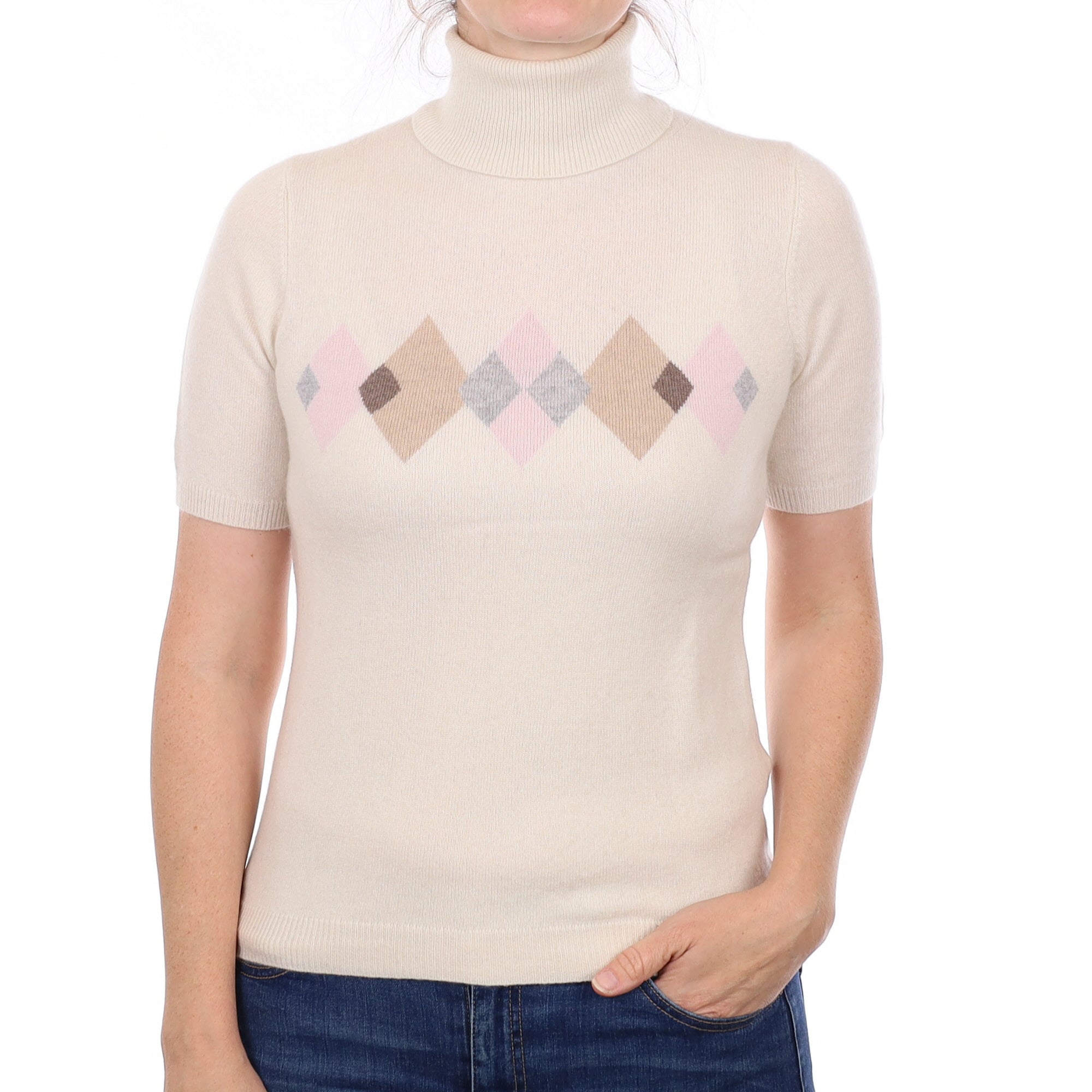 Ivory Diamond Pattern Cashmere Short Sleeve Polo Neck Jumper Small