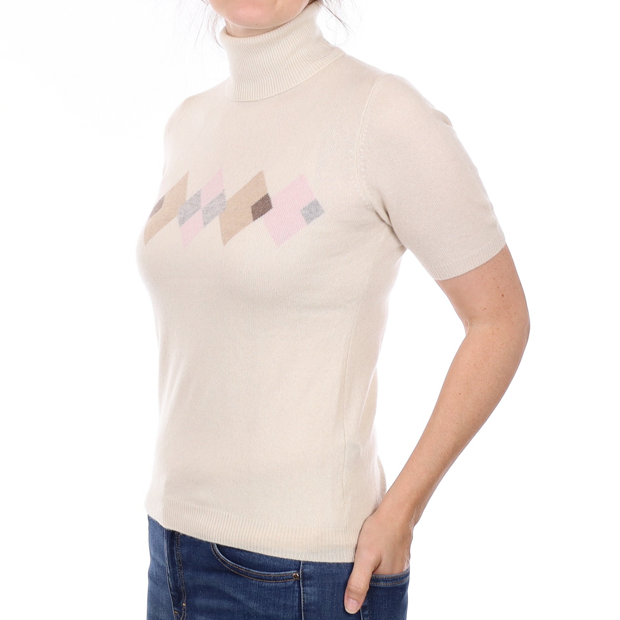 Ivory Diamond Pattern Cashmere Short Sleeve Polo Neck Jumper Small