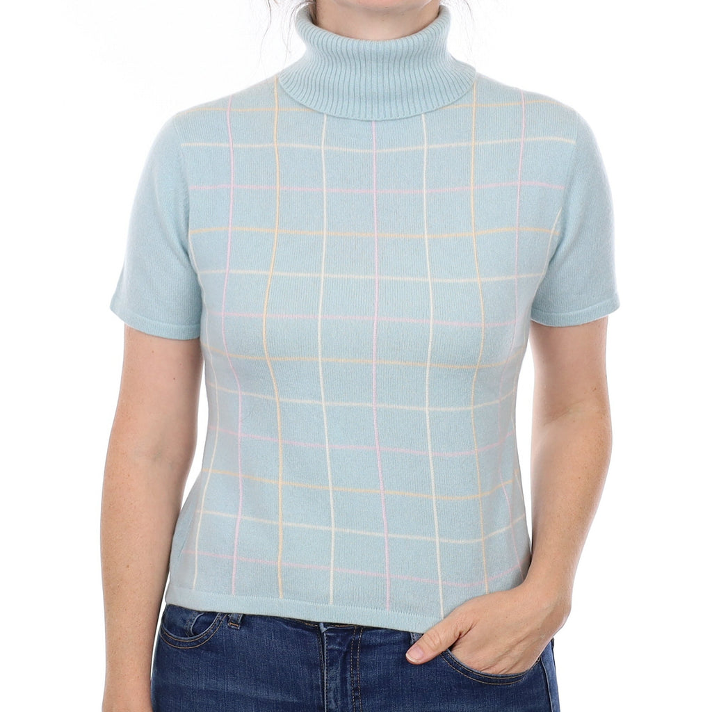 Opal Blue Checked Cashmere Short Sleeve Polo Neck Jumper Small