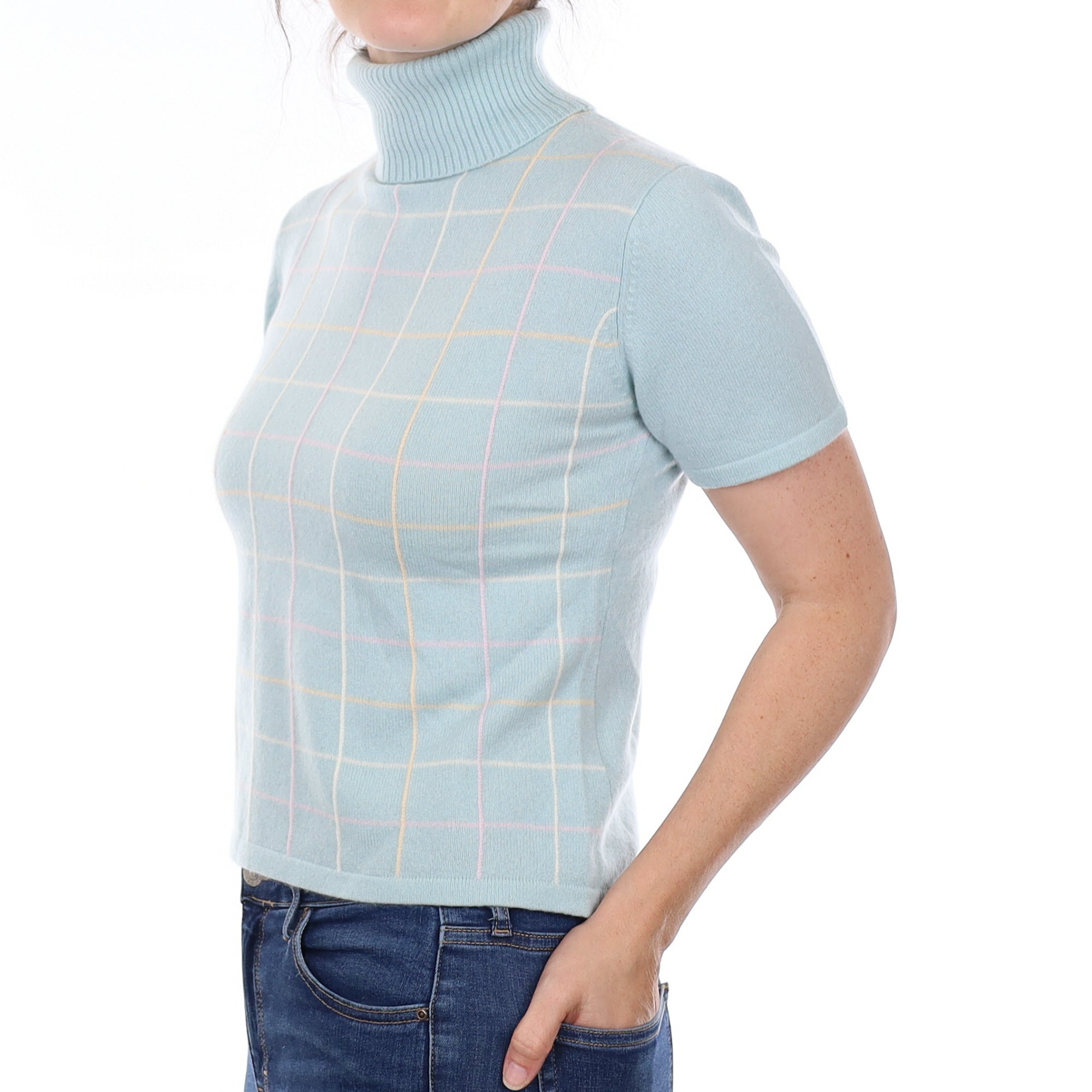 Opal Blue Checked Cashmere Short Sleeve Polo Neck Jumper Small